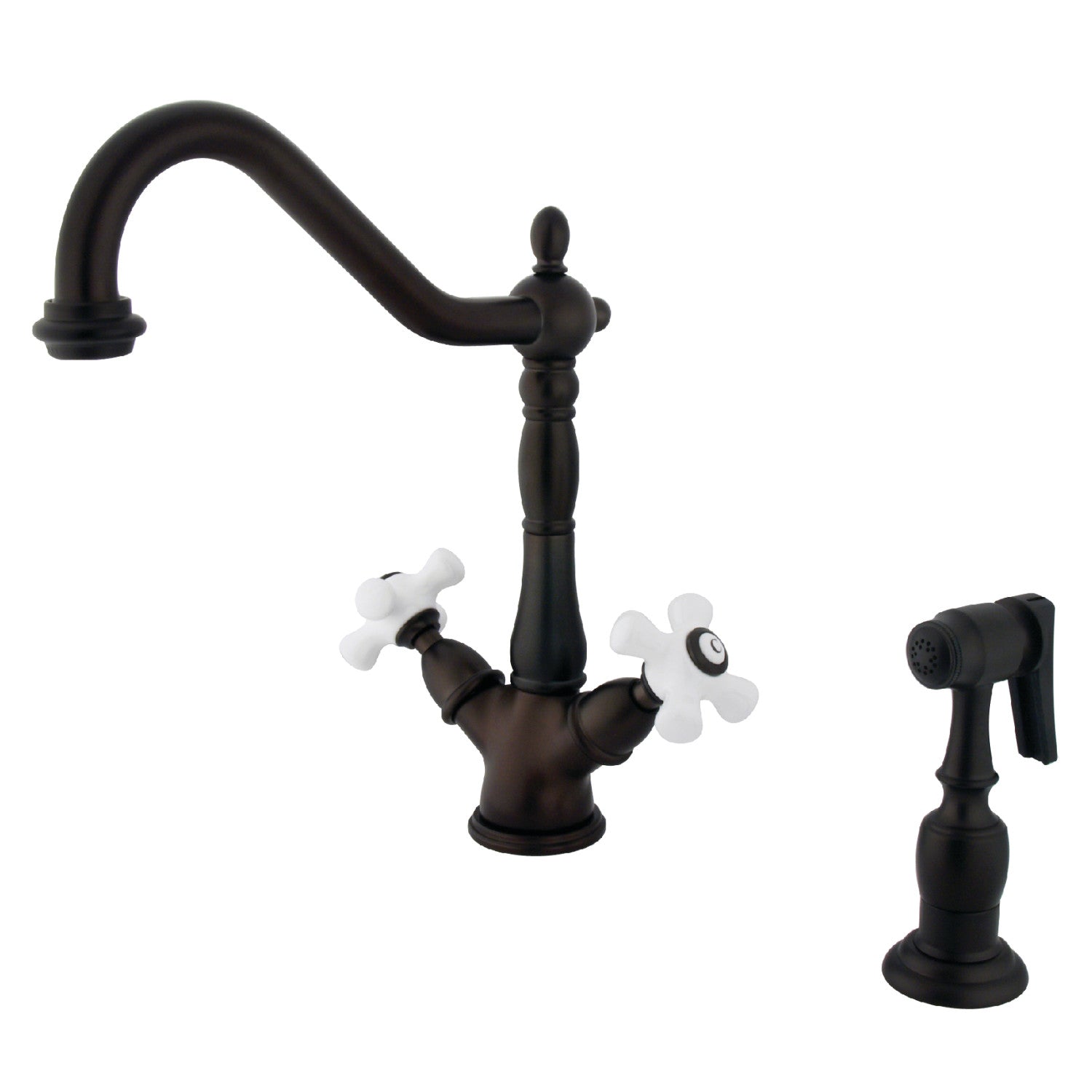 Kingston Heirloom KS1235PXBS - Heritage Two-Handle 2-or-4 Hole Kitchen Faucet with Brass Sprayer, Oil Rubbed Bronze