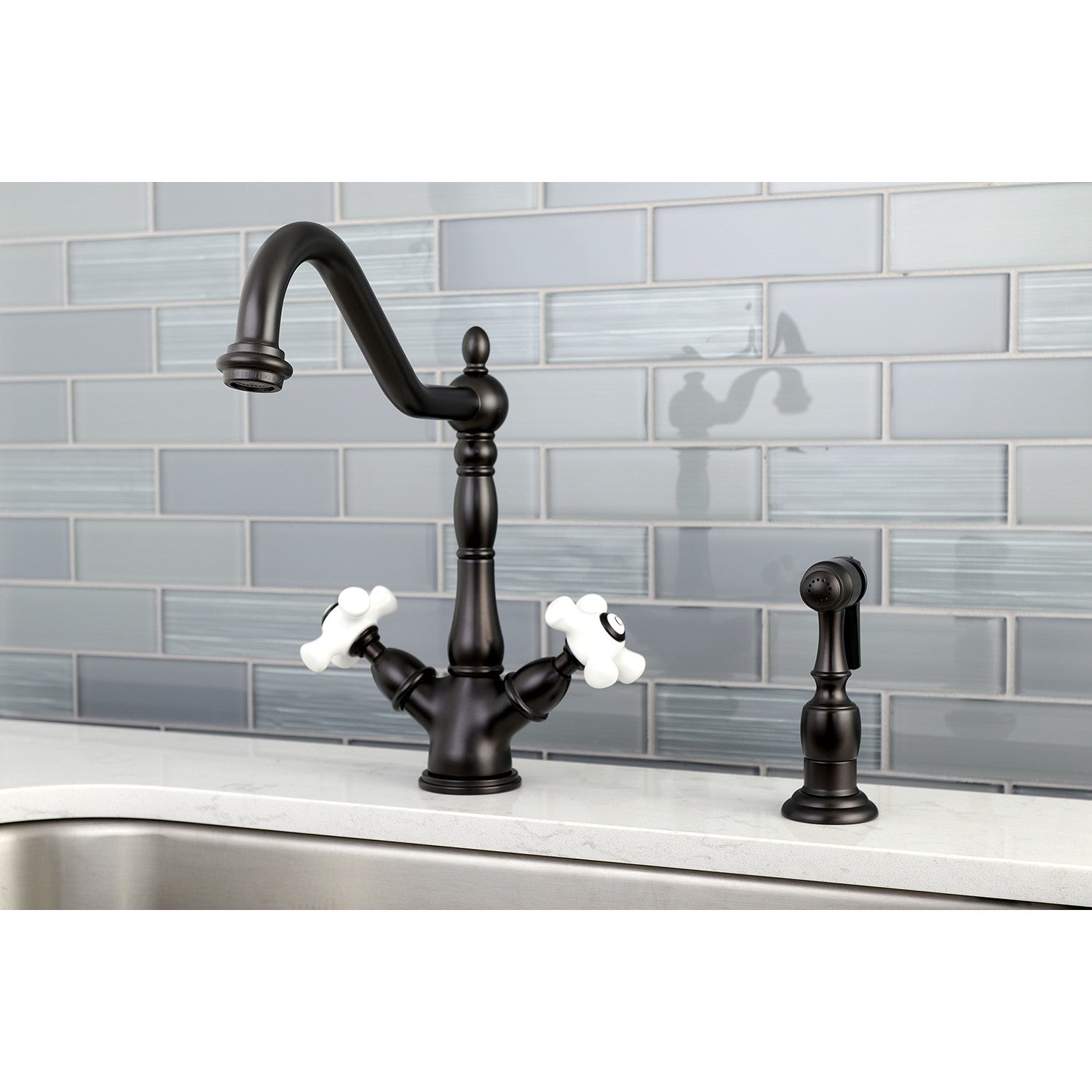 Kingston Heirloom KS1235PXBS - Heritage Two-Handle 2-or-4 Hole Kitchen Faucet with Brass Sprayer, Oil Rubbed Bronze — thumbnail 3