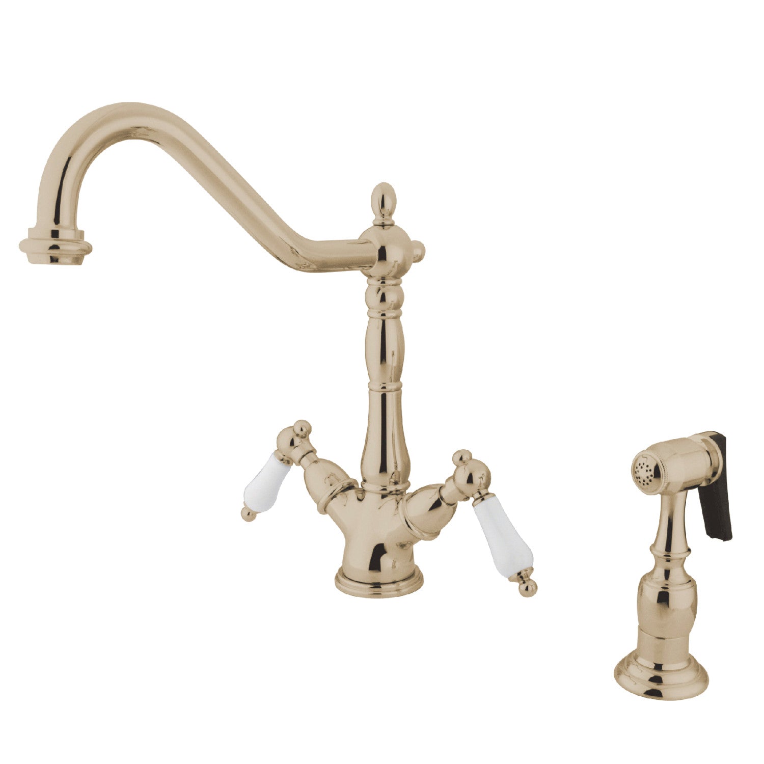 Kingston Heirloom KS1236PLBS - Heritage Two-Handle 2-or-4 Hole Kitchen Faucet with Brass Sprayer, Polished Nickel