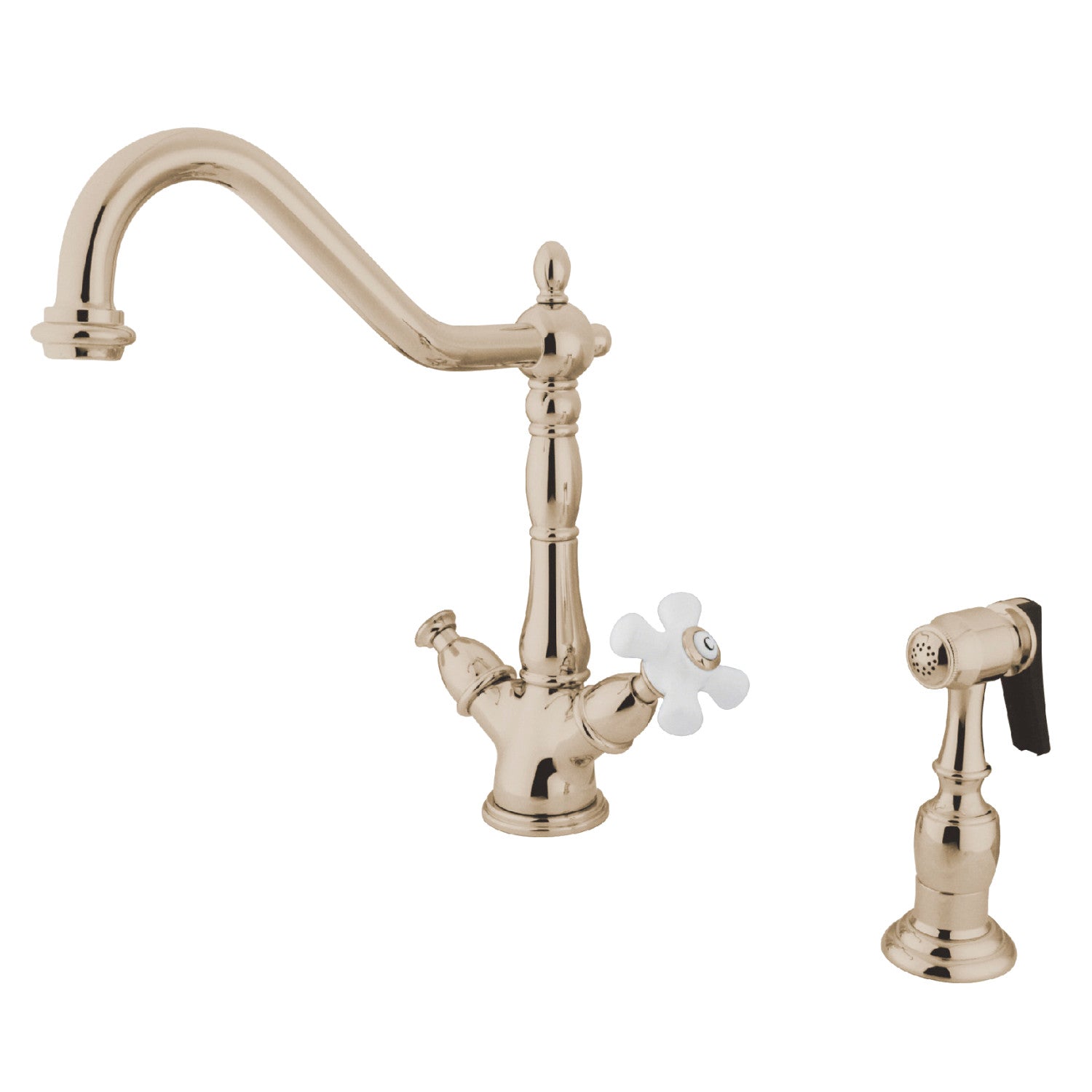 Kingston Heirloom KS1236PXBS - Heritage Two-Handle 2-or-4 Hole Kitchen Faucet with Brass Sprayer, Polished Nickel — image 1