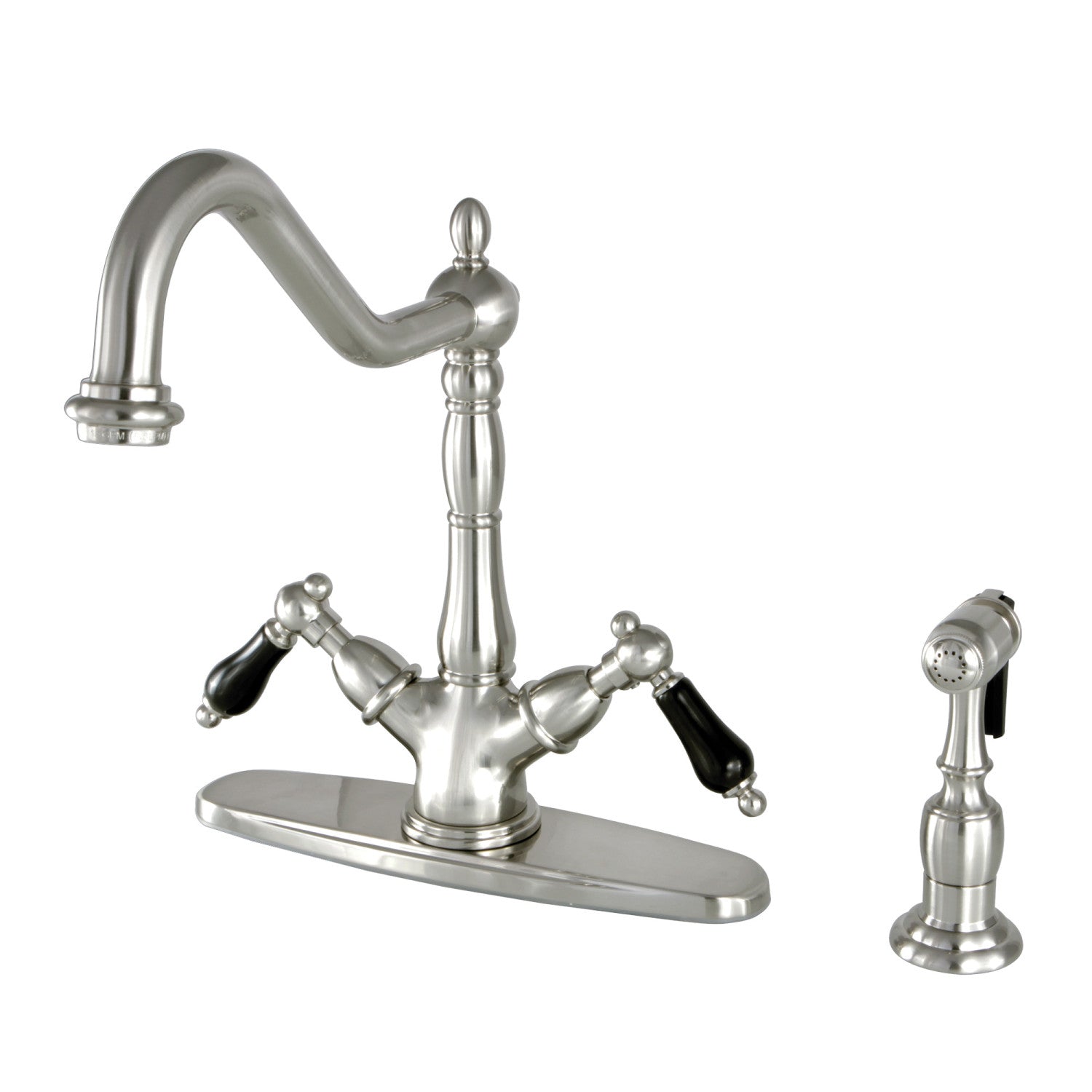 Kingston Heirloom KS1238PKLBS - Duchess Two-Handle 2-or-4 Hole Kitchen Faucet with Brass Sprayer, Brushed Nickel