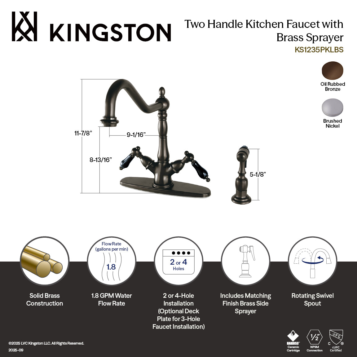 Kingston Heirloom KS1238PKLBS - Duchess Two-Handle 2-or-4 Hole Kitchen Faucet with Brass Sprayer, Brushed Nickel — thumbnail 2