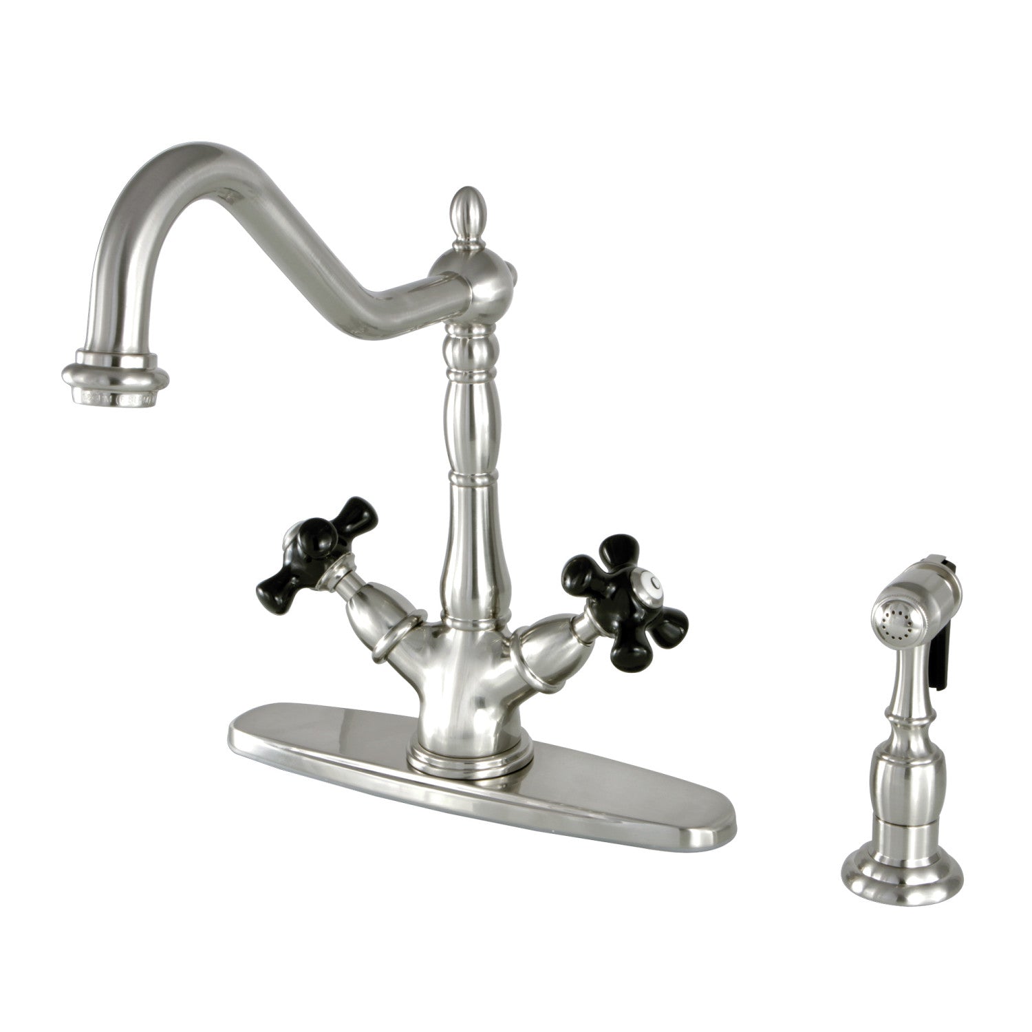 Kingston Heirloom KS1238PKXBS - Duchess Two-Handle 2-or-4 Hole Kitchen Faucet with Brass Sprayer, Brushed Nickel