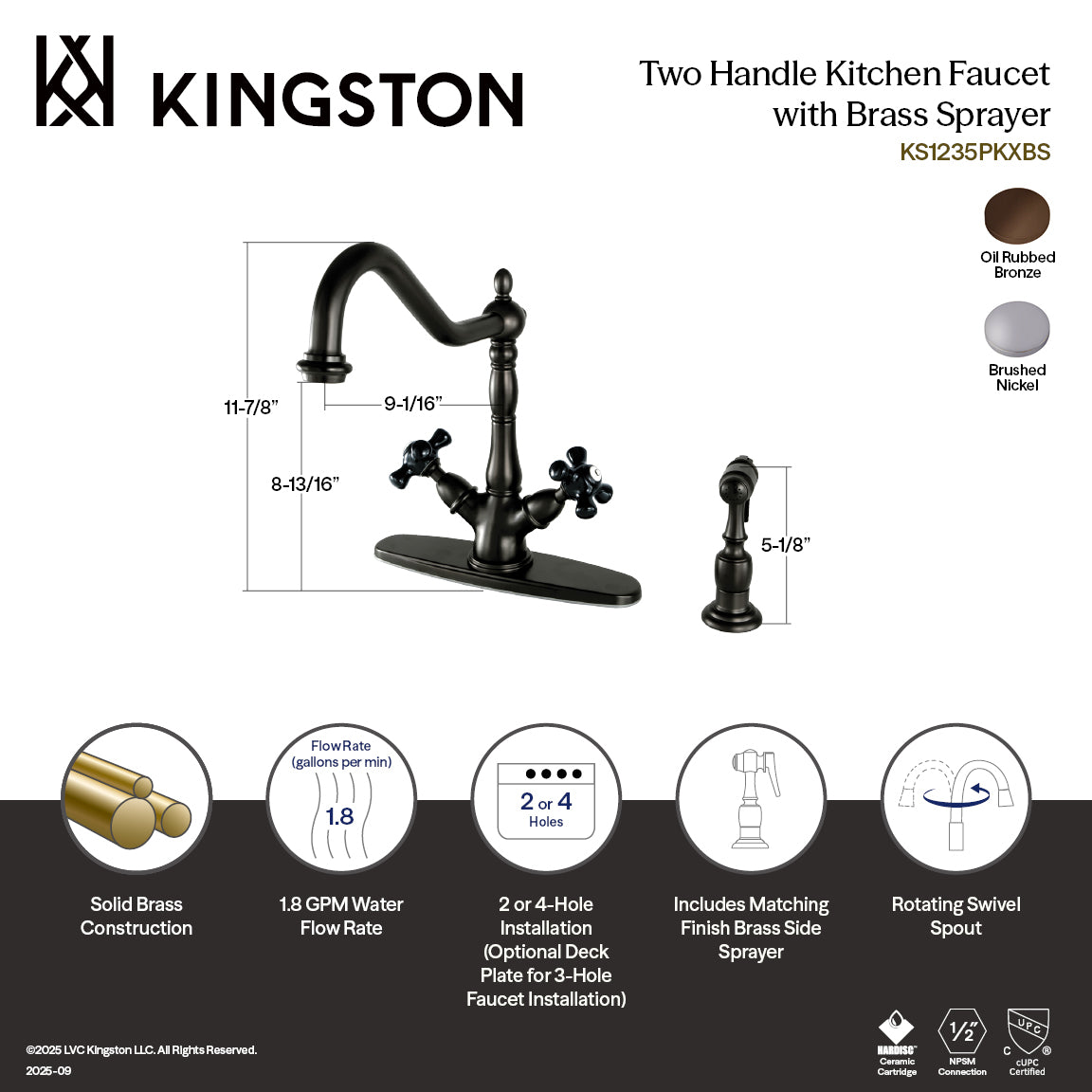 Kingston Heirloom KS1238PKXBS - Duchess Two-Handle 2-or-4 Hole Kitchen Faucet with Brass Sprayer, Brushed Nickel — thumbnail 2