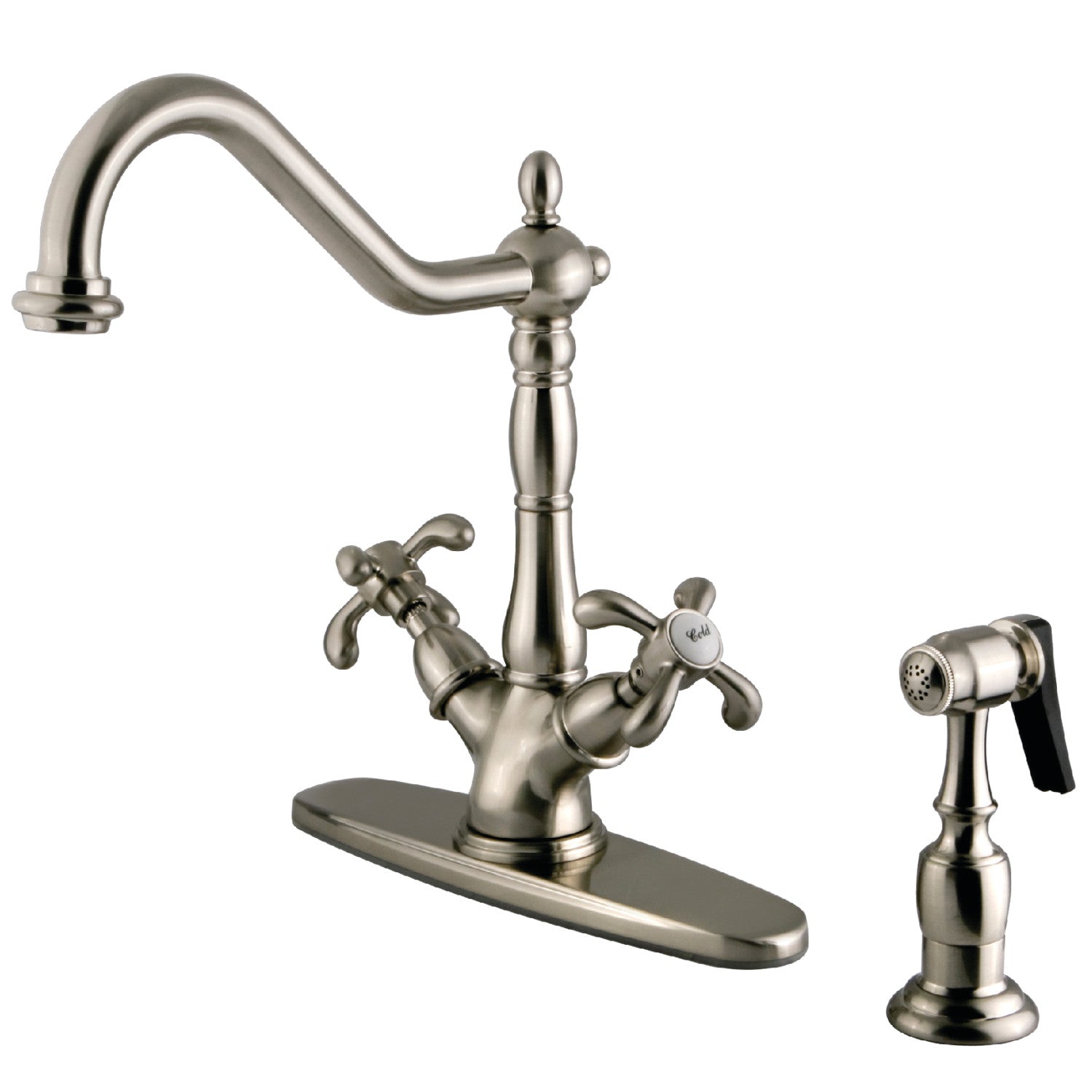 Kingston Heirloom KS1238TXBS - French Country Two-Handle 2-or-4 Hole Kitchen Faucet with Brass Sprayer, Brushed Nickel