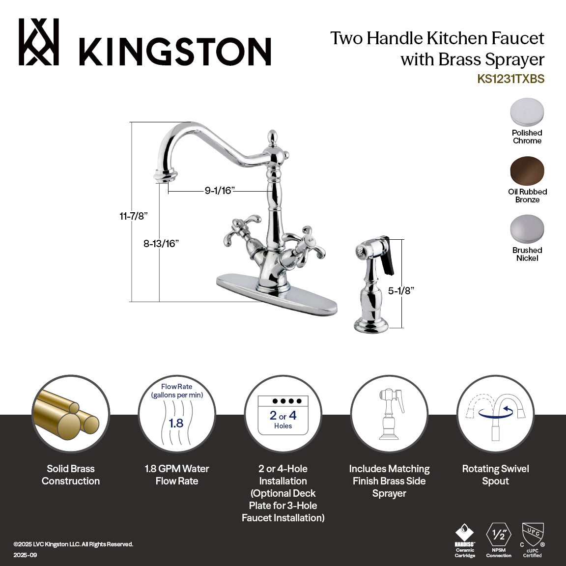 Kingston Heirloom KS1238TXBS - French Country Two-Handle 2-or-4 Hole Kitchen Faucet with Brass Sprayer, Brushed Nickel — thumbnail 2