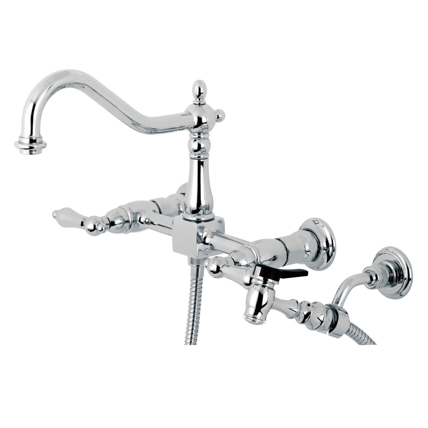 Kingston Heirloom KS1241ALBS - Heritage Two-Handle 3-Hole Wall Mount Bridge Kitchen Faucet with Brass Sprayer, Polished Chrome