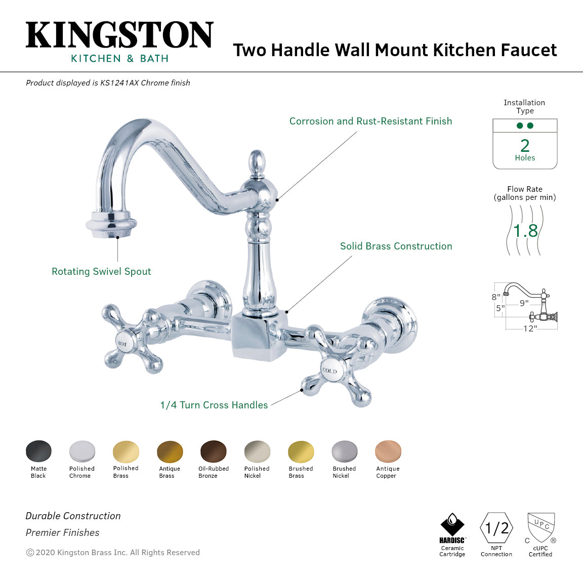 Kingston Heirloom KS1241AX - Heritage Two-Handle 2-Hole Wall Mount Bridge Kitchen Faucet, Polished Chrome — thumbnail 2