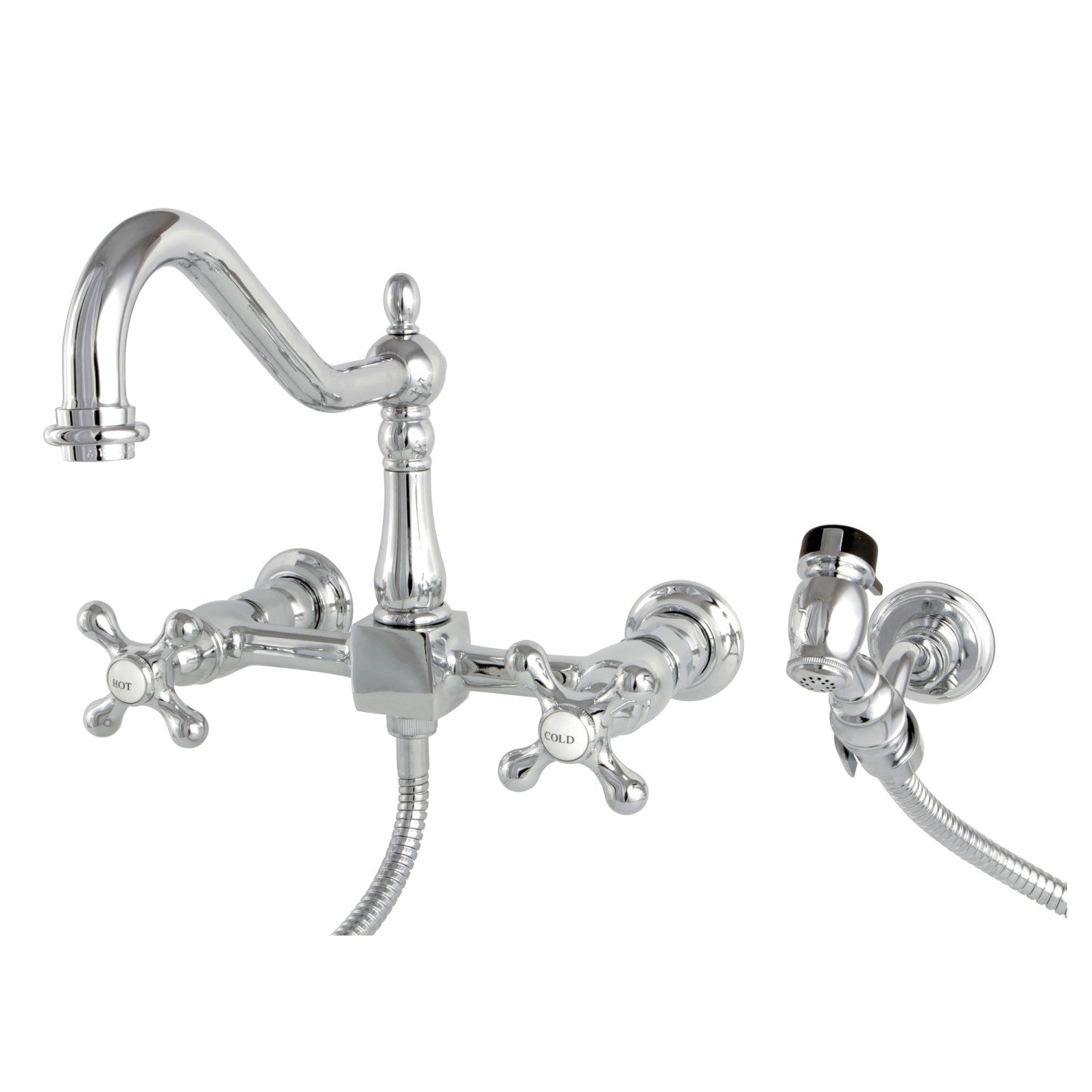 Kingston Heirloom KS1241AXBS - Heritage Two-Handle 3-Hole Wall Mount Bridge Kitchen Faucet with Brass Sprayer, Polished Chrome