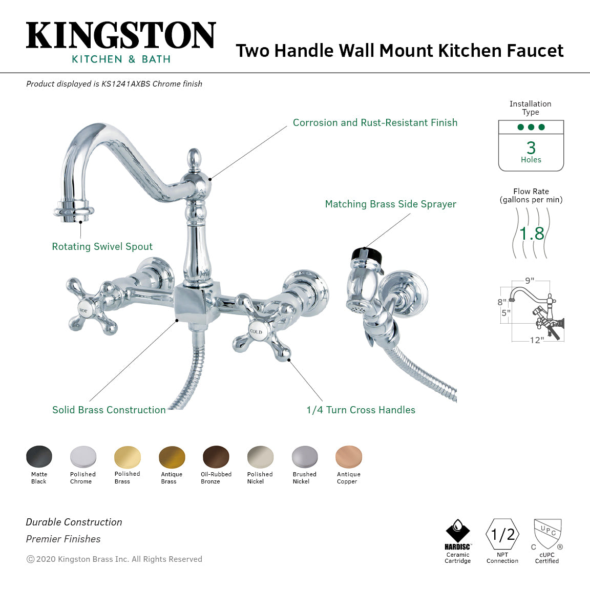 Kingston Heirloom KS1241AXBS - Heritage Two-Handle 3-Hole Wall Mount Bridge Kitchen Faucet with Brass Sprayer, Polished Chrome — thumbnail 2
