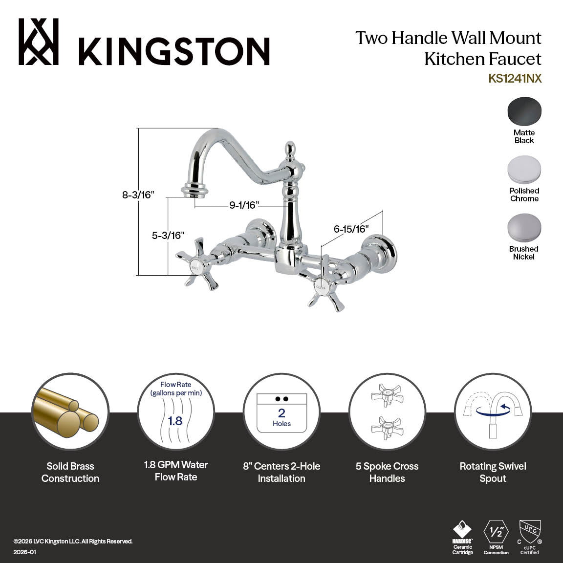 Kingston Heirloom KS1241NX - Hamilton Two-Handle 2-Hole Wall Mount Bridge Kitchen Faucet, Polished Chrome — thumbnail 2