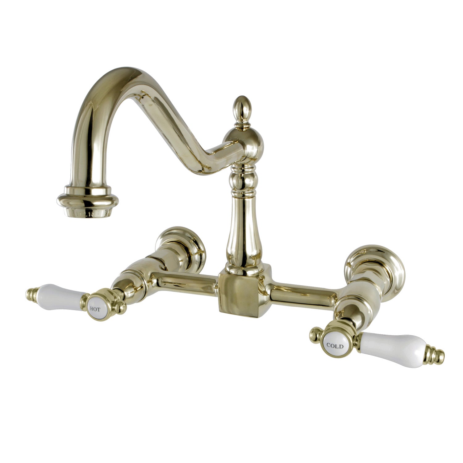 Kingston Heirloom KS1242BPL - Bel-Air Two-Handle Wall Mount Bridge Kitchen Faucet, Polished Brass