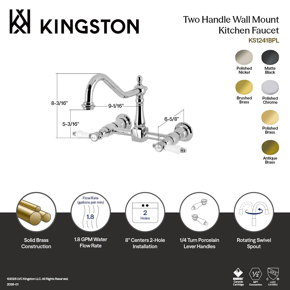 Kingston Heirloom KS1242BPL - Bel-Air Two-Handle Wall Mount Bridge Kitchen Faucet, Polished Brass — thumbnail 3