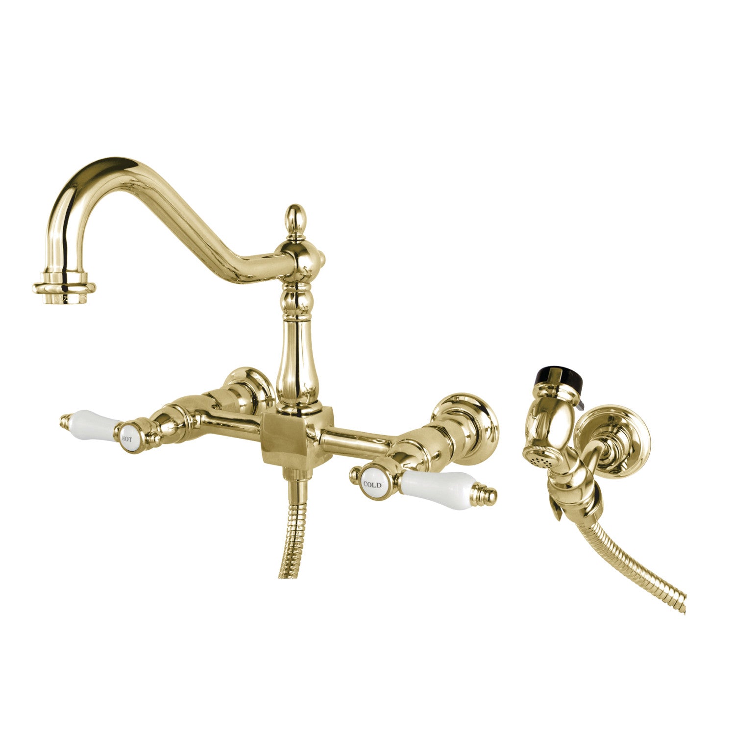 Kingston Heirloom KS1242BPLBS - Bel-Air Two-Handle 3-Hole Wall Mount Bridge Kitchen Faucet with Brass Sprayer, Polished Brass — image 1