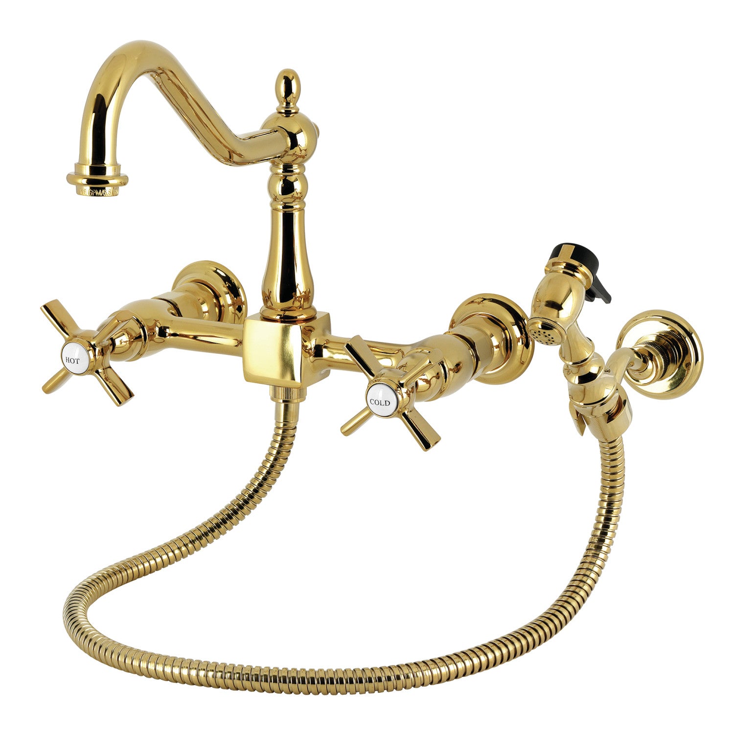 Kingston Heirloom KS1242ZXBS - Millennium Two-Handle 3-Hole Wall Mount Bridge Kitchen Faucet with Brass Sprayer, Polished Brass