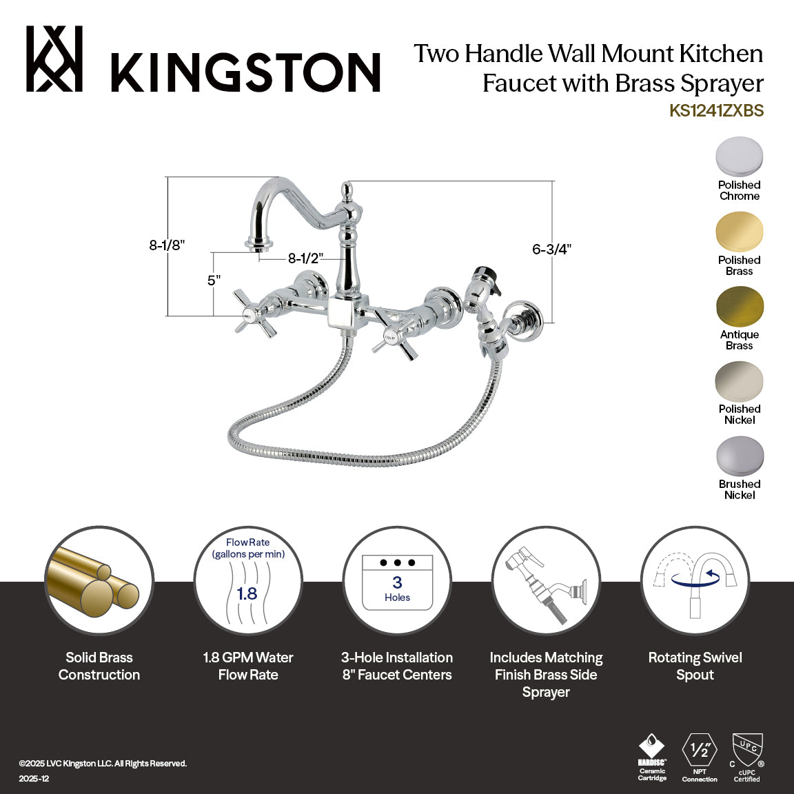 Kingston Heirloom KS1242ZXBS - Millennium Two-Handle 3-Hole Wall Mount Bridge Kitchen Faucet with Brass Sprayer, Polished Brass — thumbnail 2