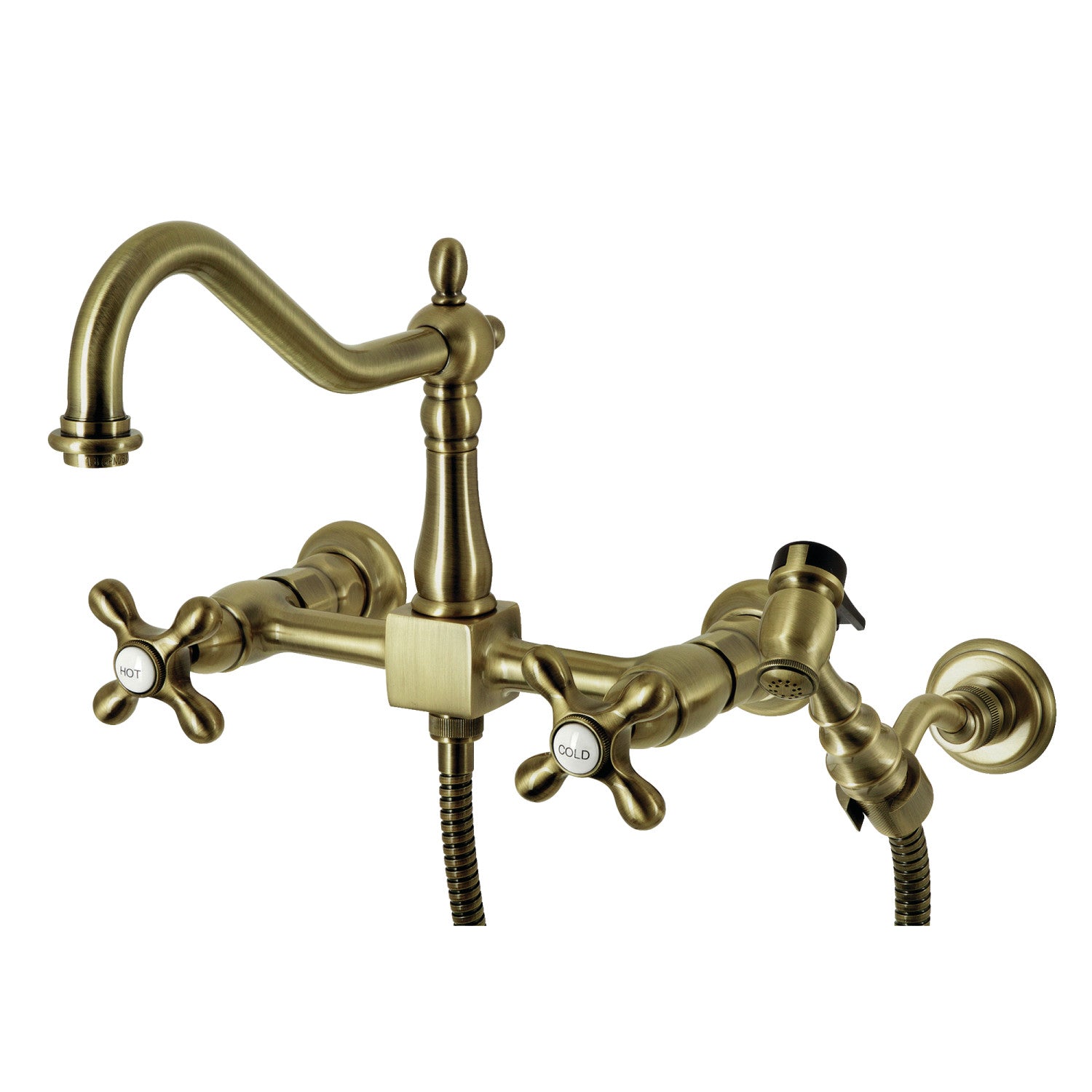 Kingston Heirloom KS1243AXBS - Heritage Two-Handle 3-Hole Wall Mount Bridge Kitchen Faucet with Brass Sprayer, Antique Brass
