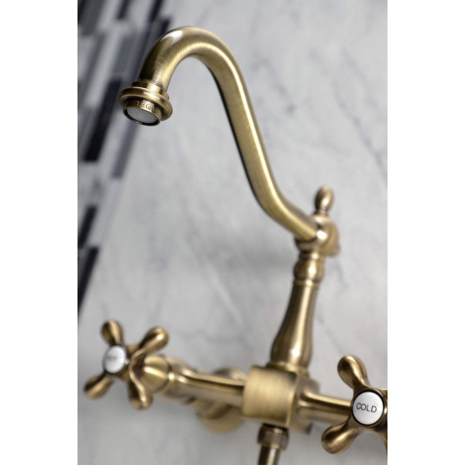 Kingston Heirloom KS1243AXBS - Heritage Two-Handle 3-Hole Wall Mount Bridge Kitchen Faucet with Brass Sprayer, Antique Brass — thumbnail 3