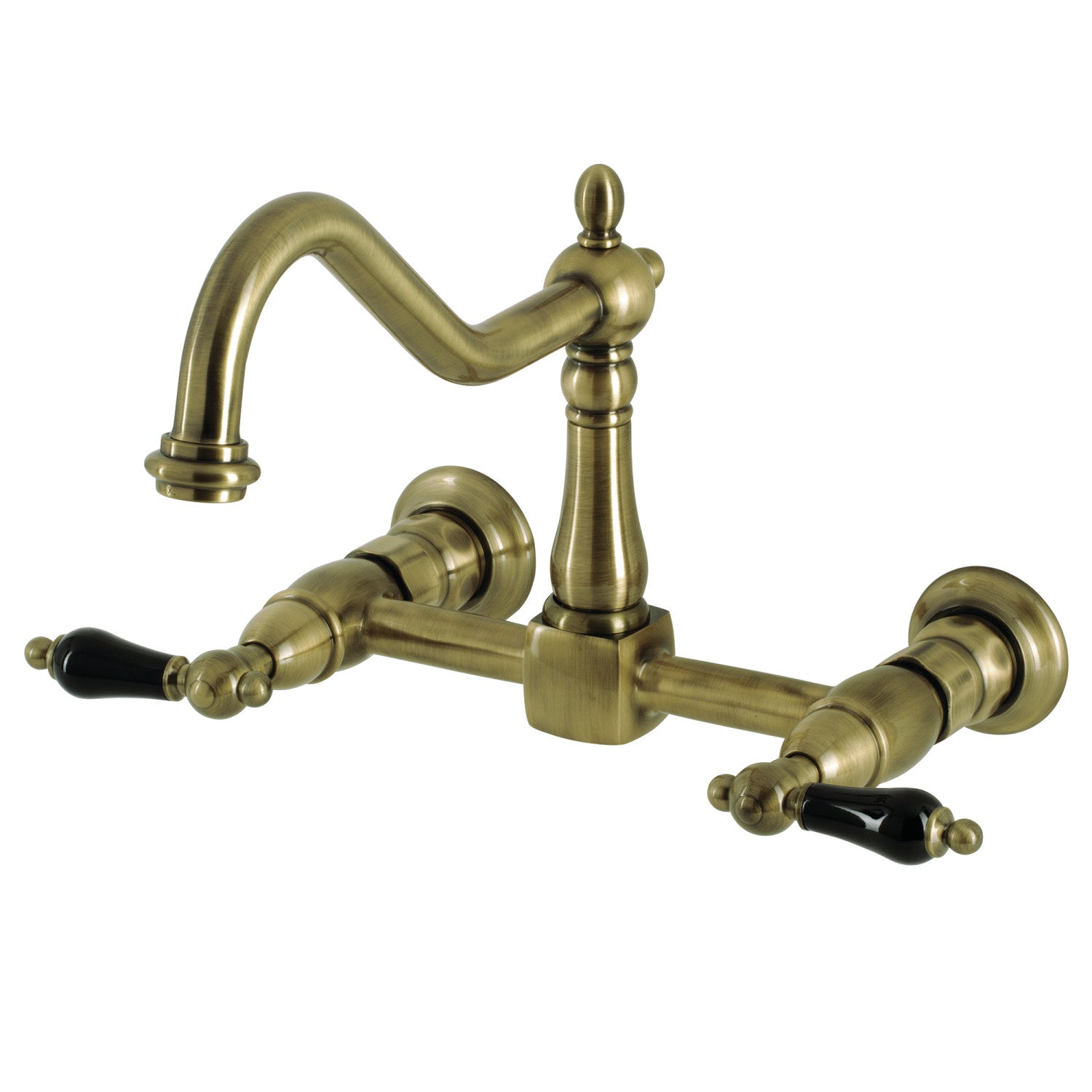 Kingston Heirloom KS1243PKL - Duchess Two-Handle 2-Hole Wall Mount Bridge Kitchen Faucet, Antique Brass