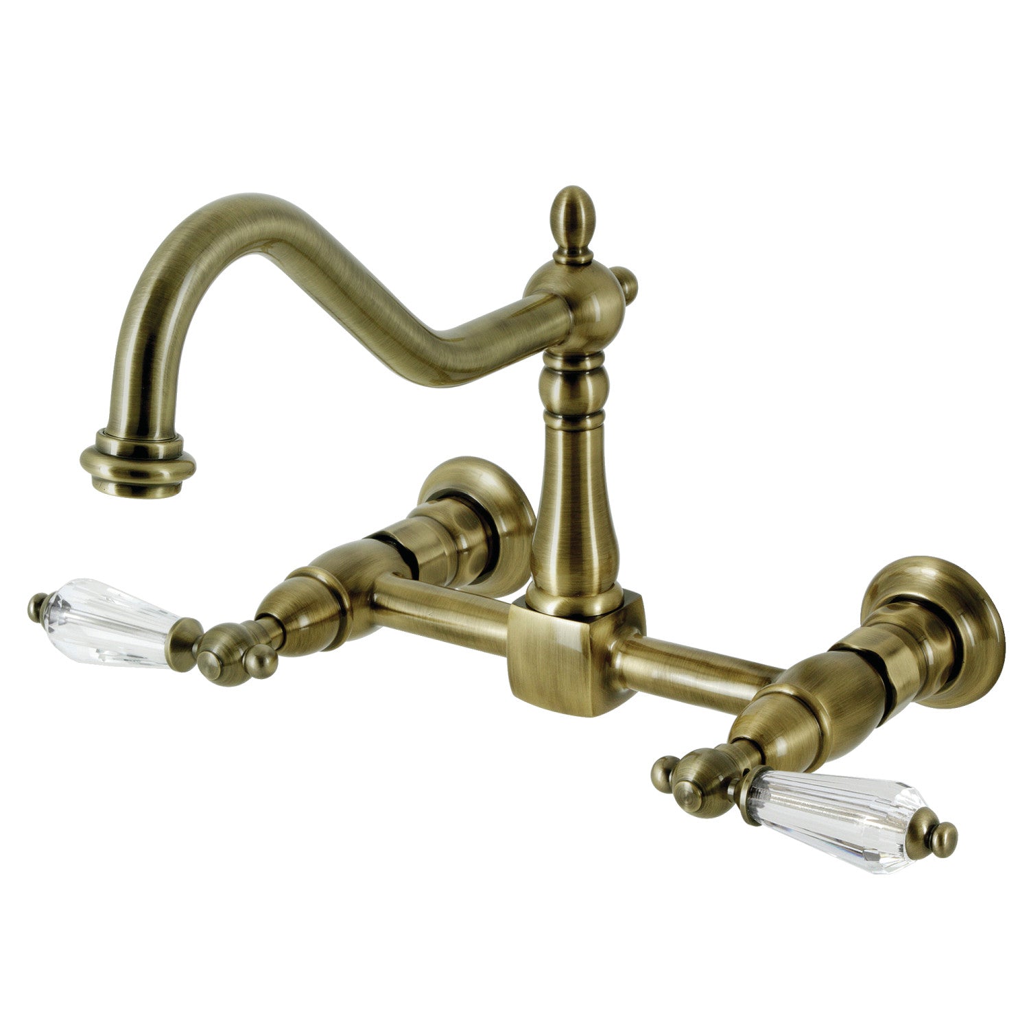Kingston Heirloom KS1243WLL - Wilshire Two-Handle 2-Hole Wall Mount Bridge Kitchen Faucet, Antique Brass