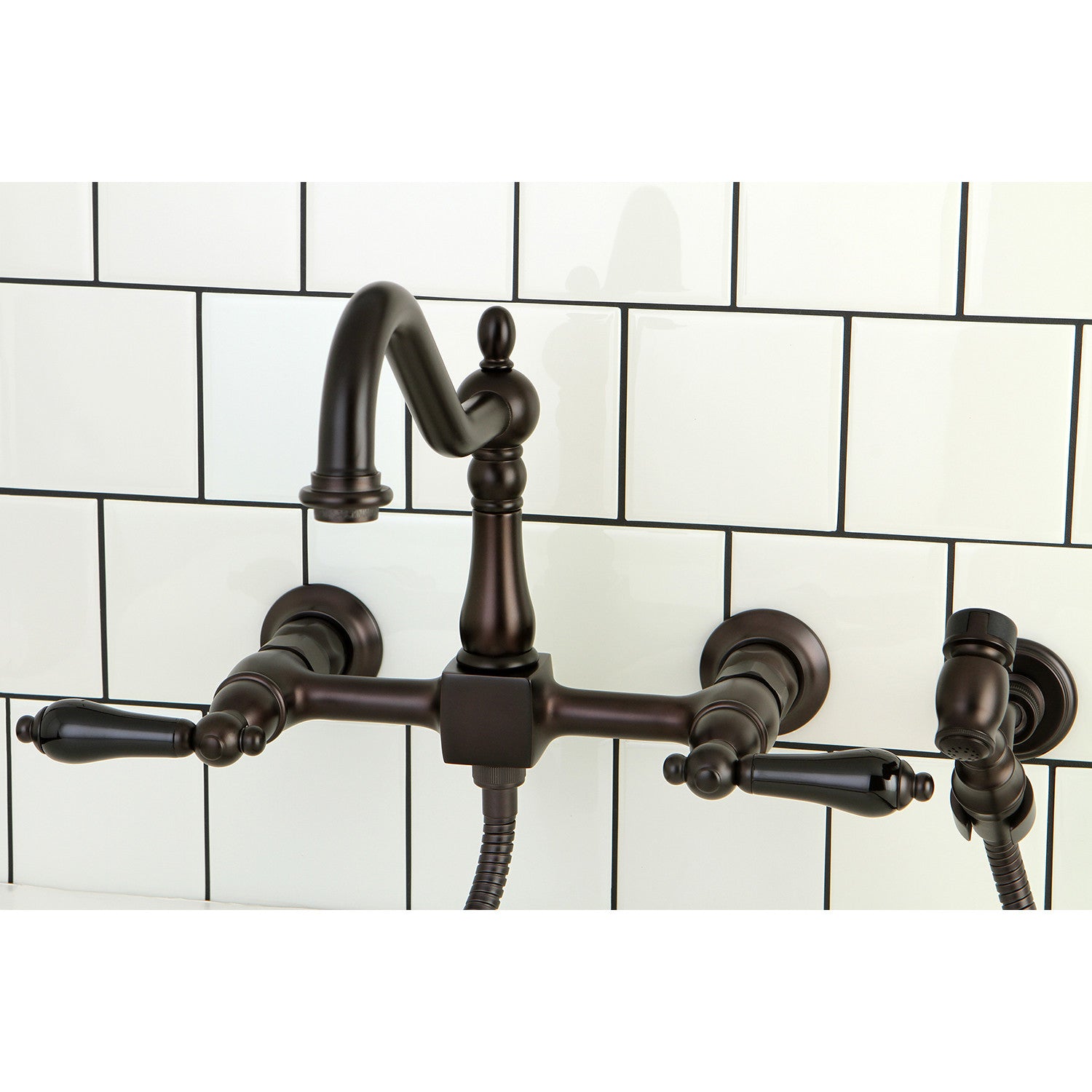Kingston Heirloom KS1245PKLBS - Duchess Two-Handle 3-Hole Wall Mount Bridge Kitchen Faucet with Brass Sprayer, Oil Rubbed Bronze — thumbnail 3