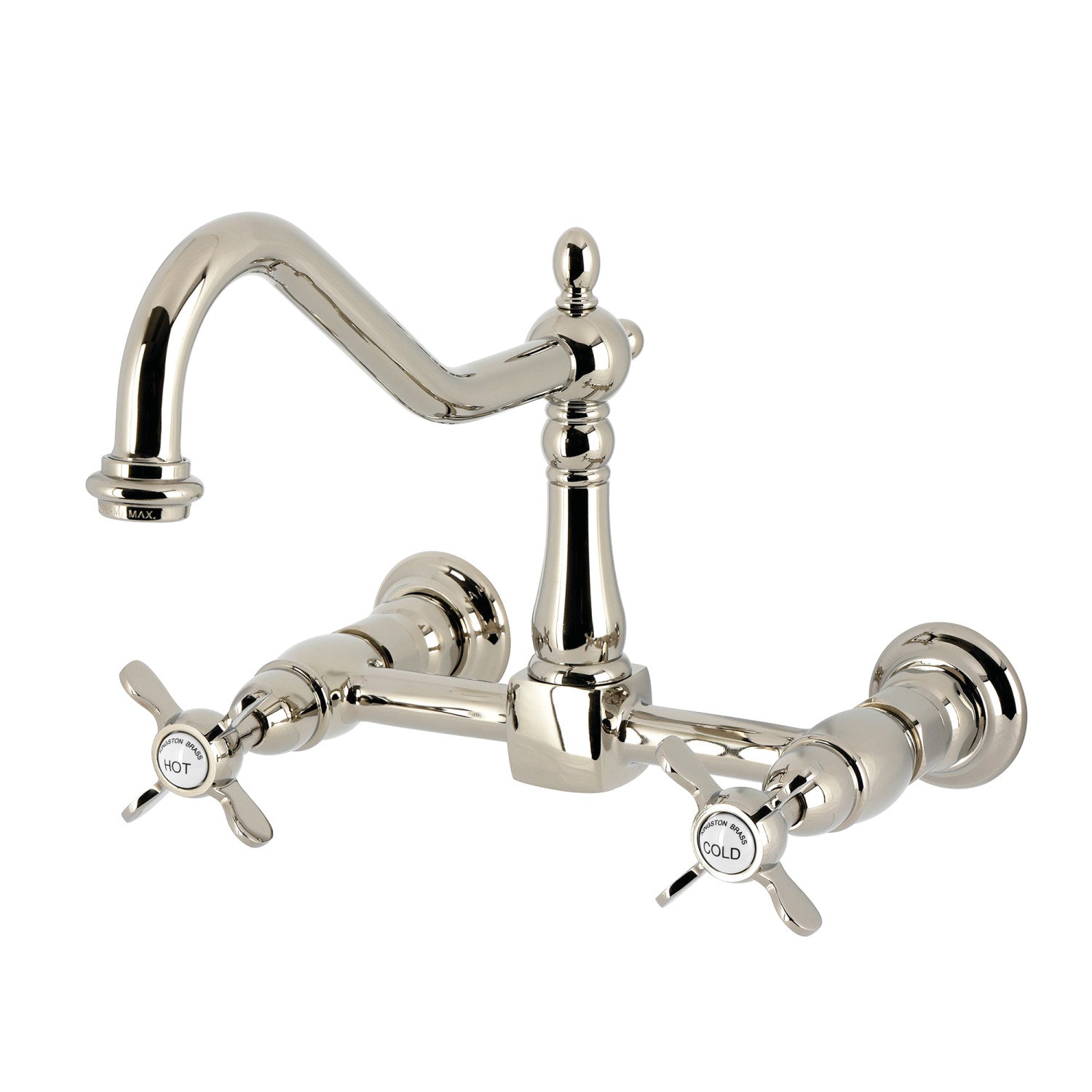 Kingston Heirloom KS1246BEX - Essex Two-Handle 2-Hole Wall Mount Bridge Kitchen Faucet, Polished Nickel