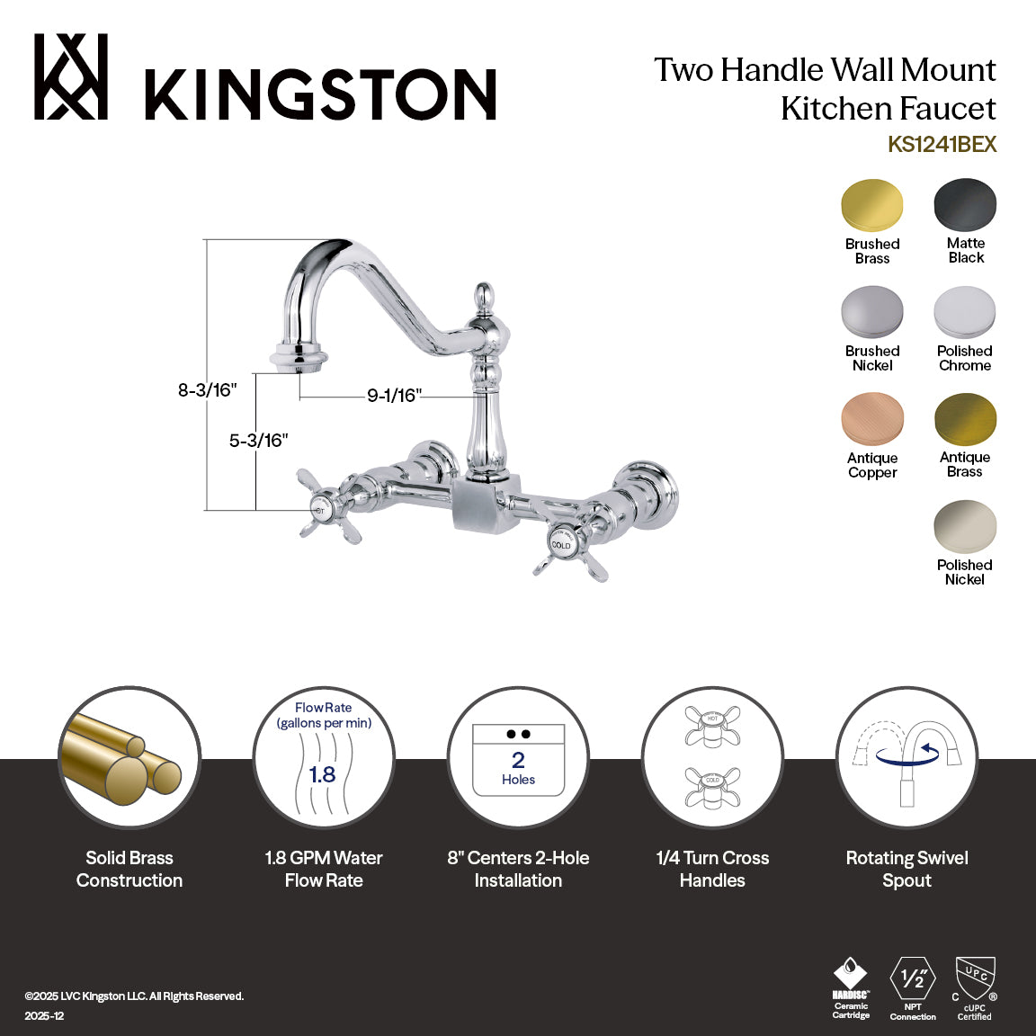Kingston Heirloom KS1246BEX - Essex Two-Handle 2-Hole Wall Mount Bridge Kitchen Faucet, Polished Nickel — thumbnail 2