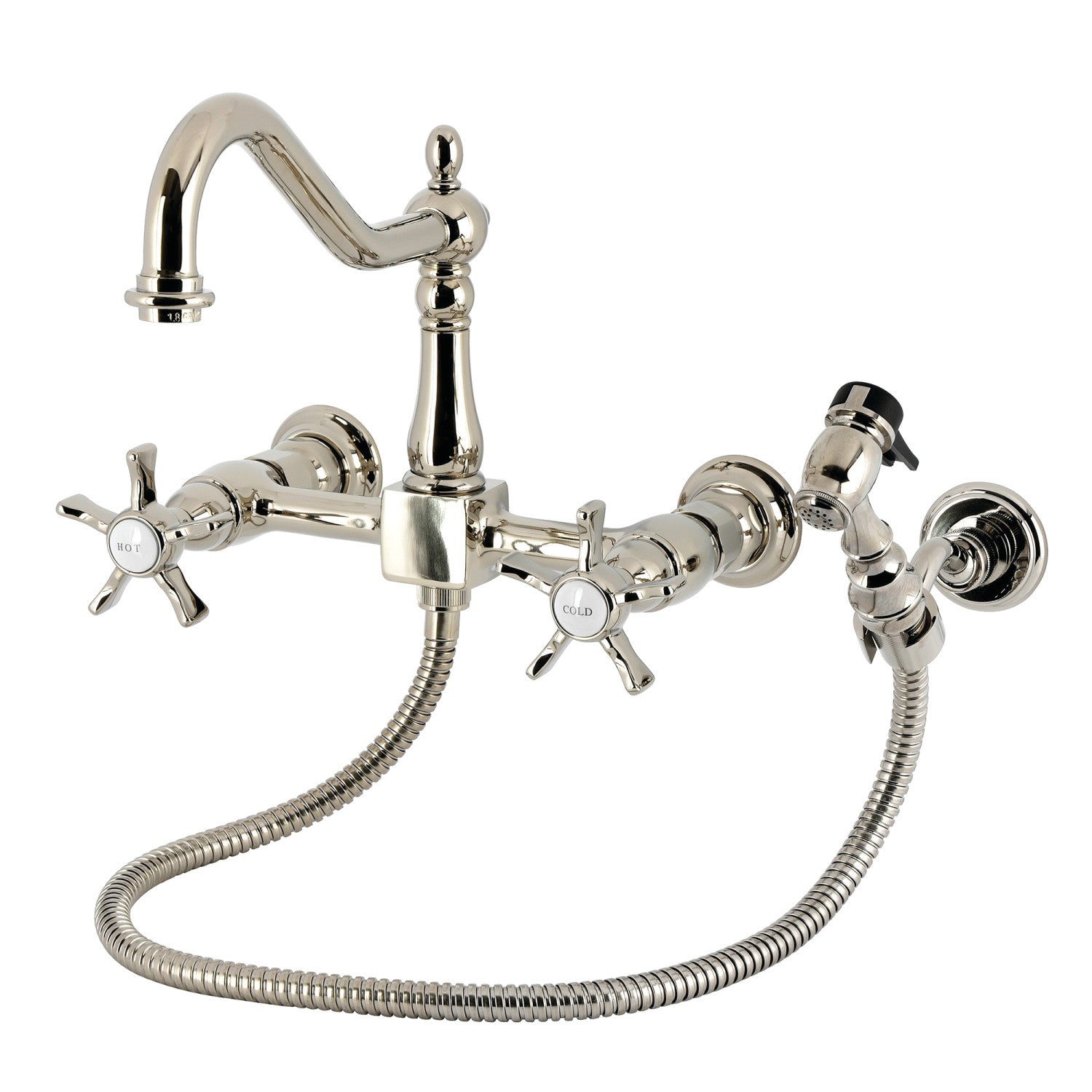 Kingston Heirloom KS1246NXBS - Hamilton Two-Handle 3-Hole Wall Mount Bridge Kitchen Faucet with Brass Sprayer, Polished Nickel