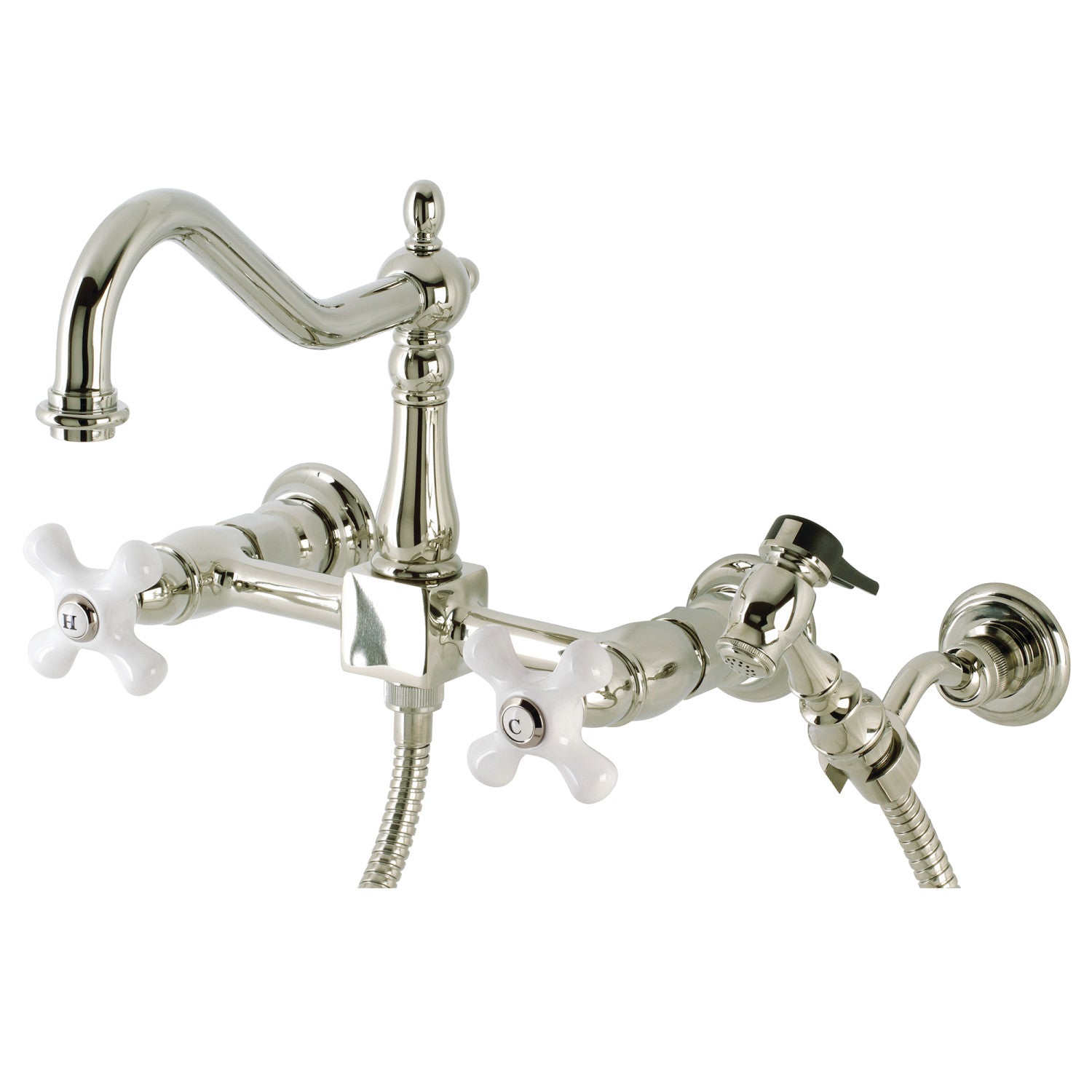 Kingston Heirloom KS1246PXBS - Heritage Two-Handle 3-Hole Wall Mount Bridge Kitchen Faucet with Brass Sprayer, Polished Nickel