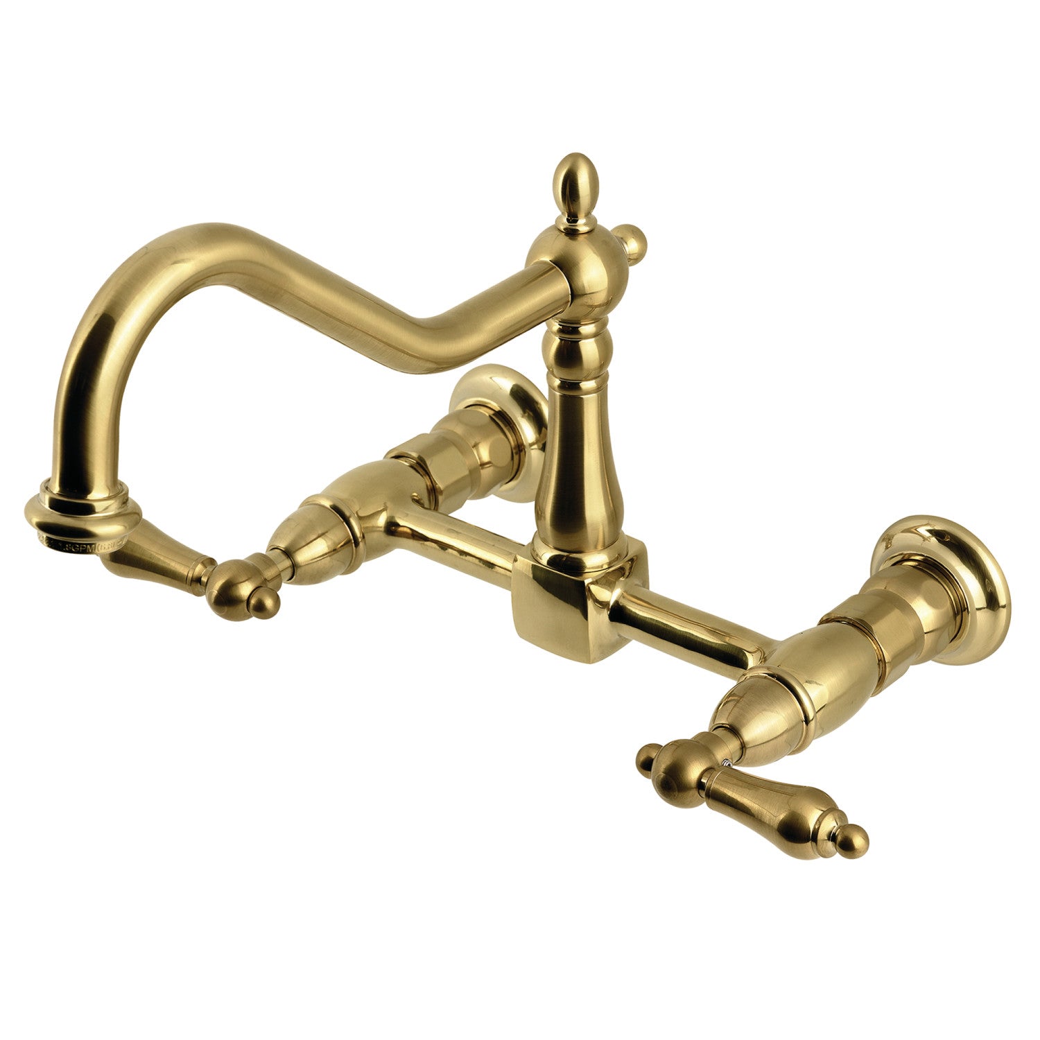 Kingston Heirloom KS1247AL - Heritage Two-Handle 2-Hole Wall Mount Bridge Kitchen Faucet, Brushed Brass