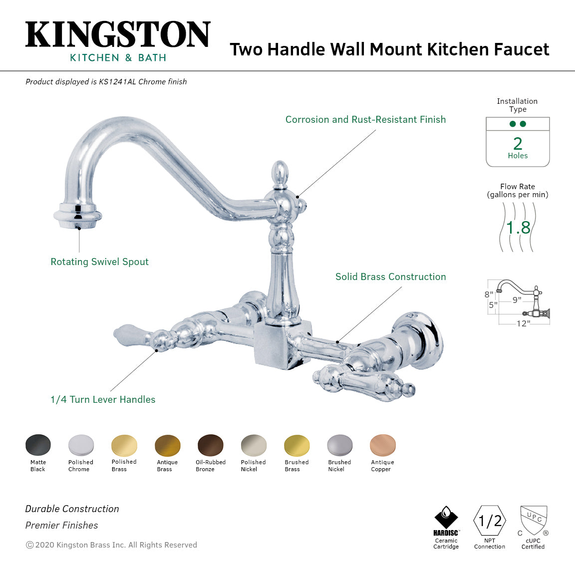 Kingston Heirloom KS1247AL - Heritage Two-Handle 2-Hole Wall Mount Bridge Kitchen Faucet, Brushed Brass — thumbnail 2