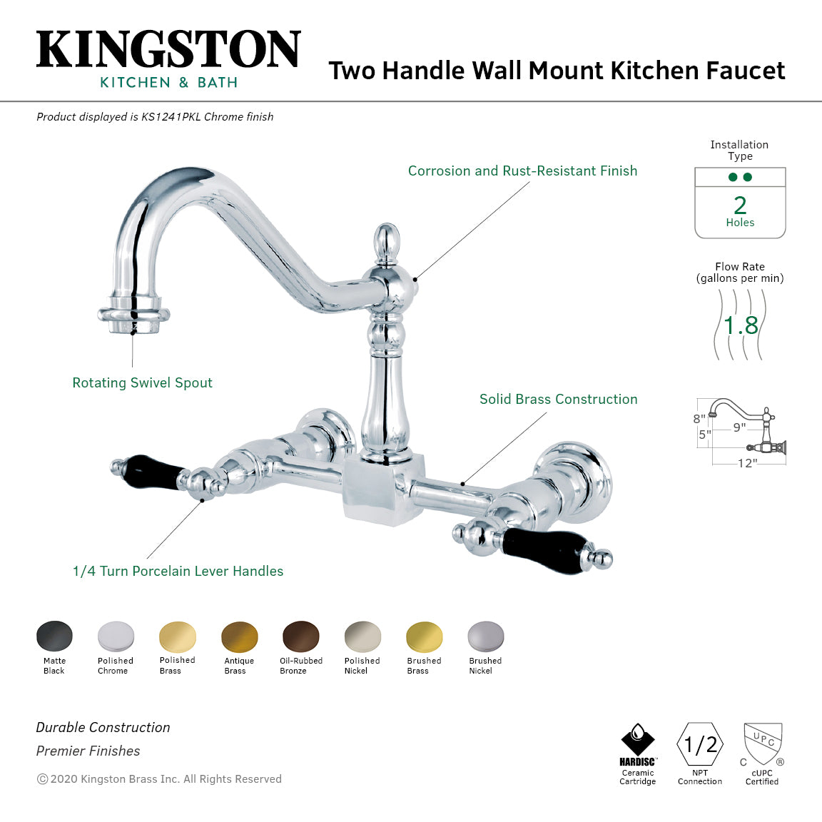 Kingston Heirloom KS1247PKL - Duchess Two-Handle 2-Hole Wall Mount Bridge Kitchen Faucet, Brushed Brass — thumbnail 2