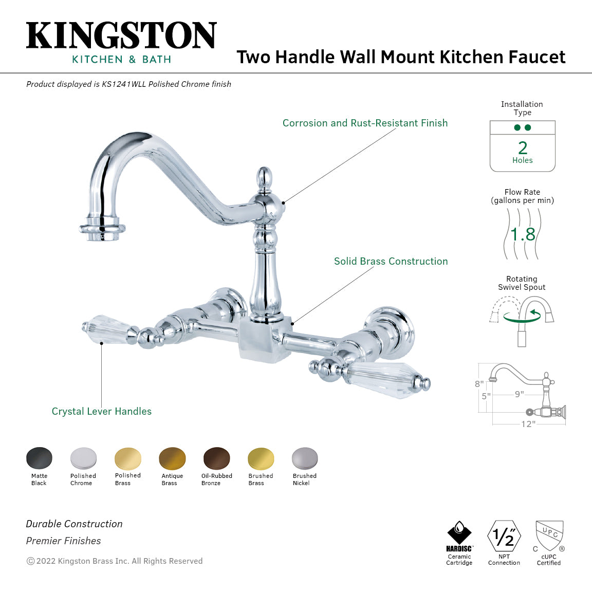 Kingston Heirloom KS1247WLL - Wilshire Two-Handle 2-Hole Wall Mount Bridge Kitchen Faucet, Brushed Brass — thumbnail 2