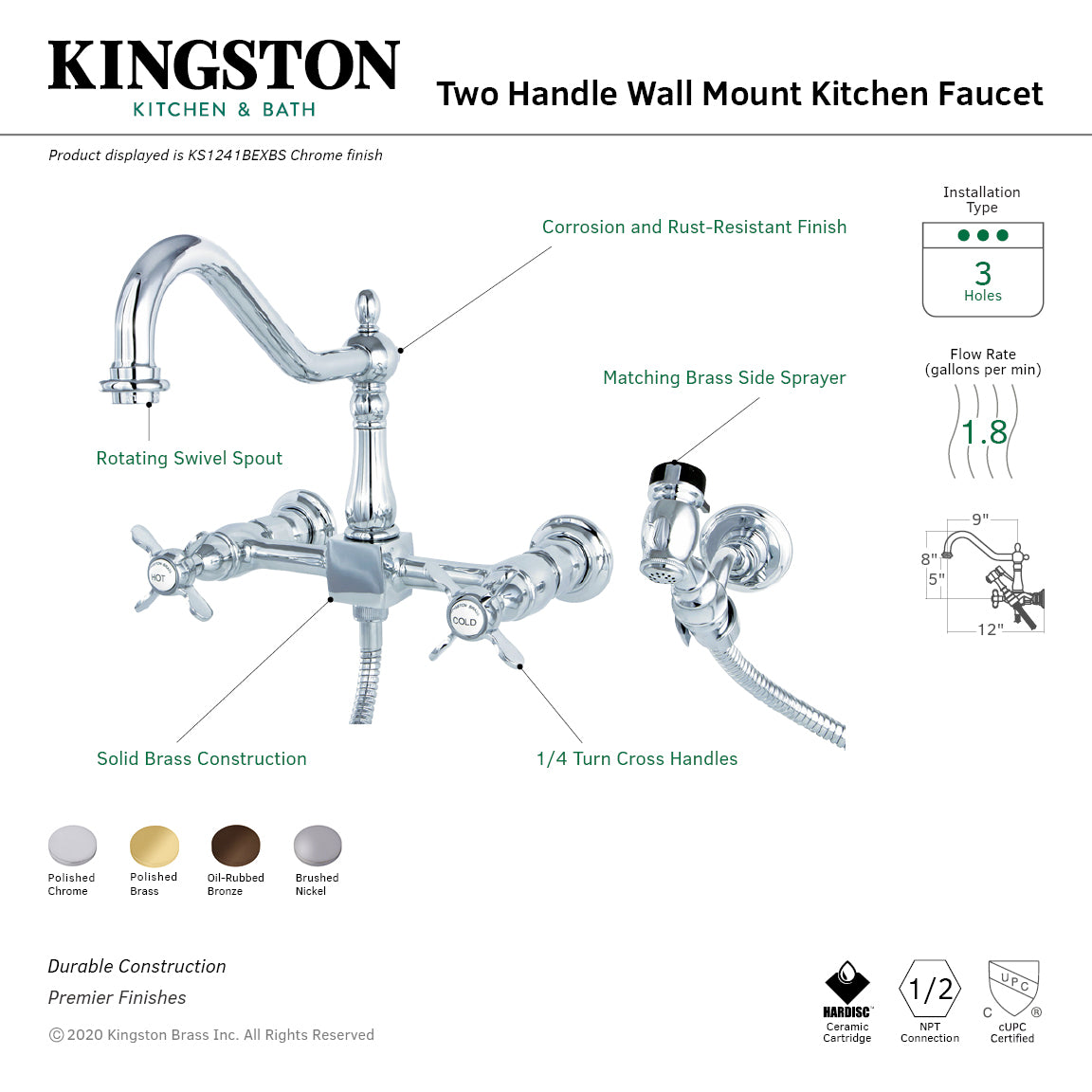 Kingston Heirloom KS1248BEXBS - Essex Two-Handle 3-Hole Wall Mount Bridge Kitchen Faucet with Brass Sprayer, Brushed Nickel — thumbnail 3