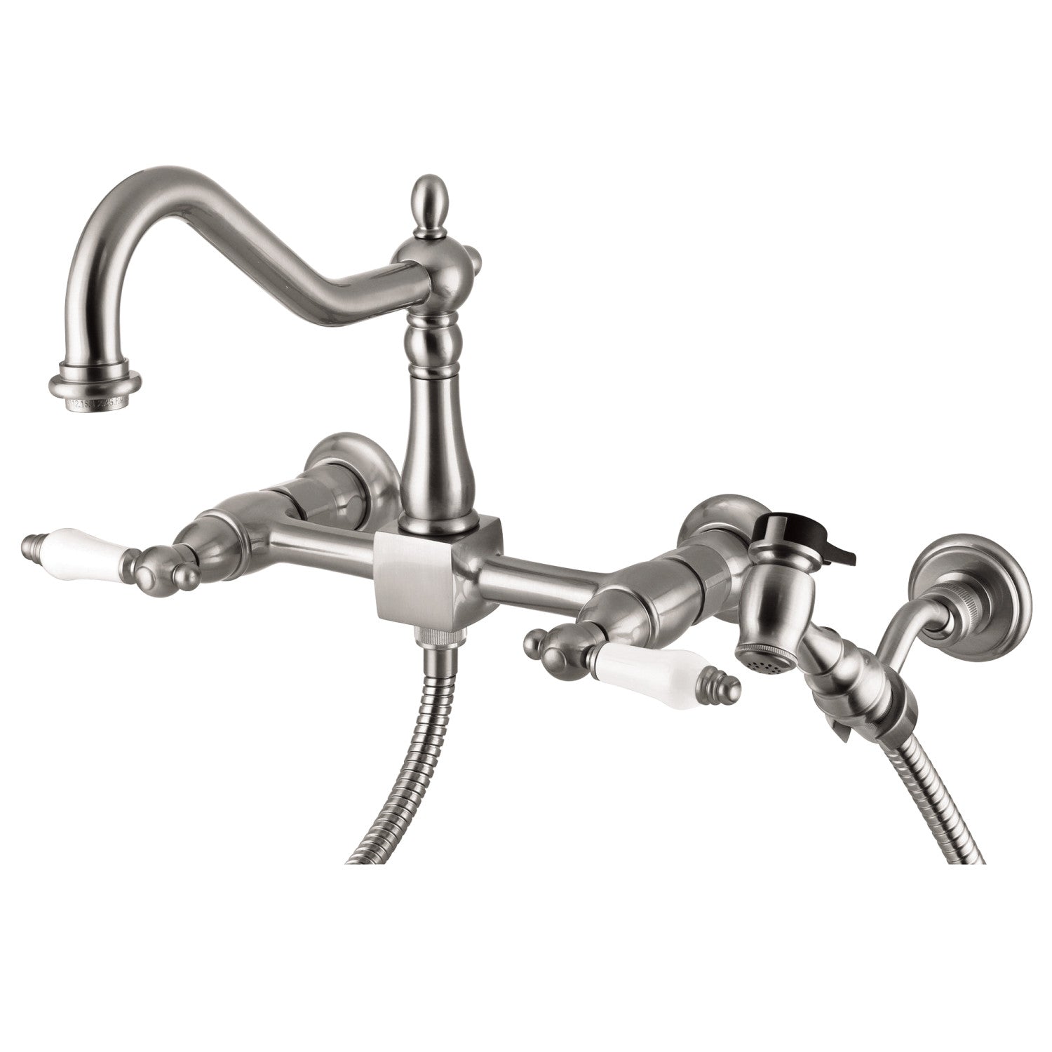 Kingston Heirloom KS1248PLBS - Heritage Two-Handle 3-Hole Wall Mount Bridge Kitchen Faucet with Brass Sprayer, Brushed Nickel