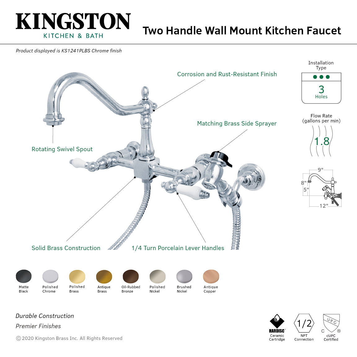 Kingston Heirloom KS1248PLBS - Heritage Two-Handle 3-Hole Wall Mount Bridge Kitchen Faucet with Brass Sprayer, Brushed Nickel — thumbnail 2