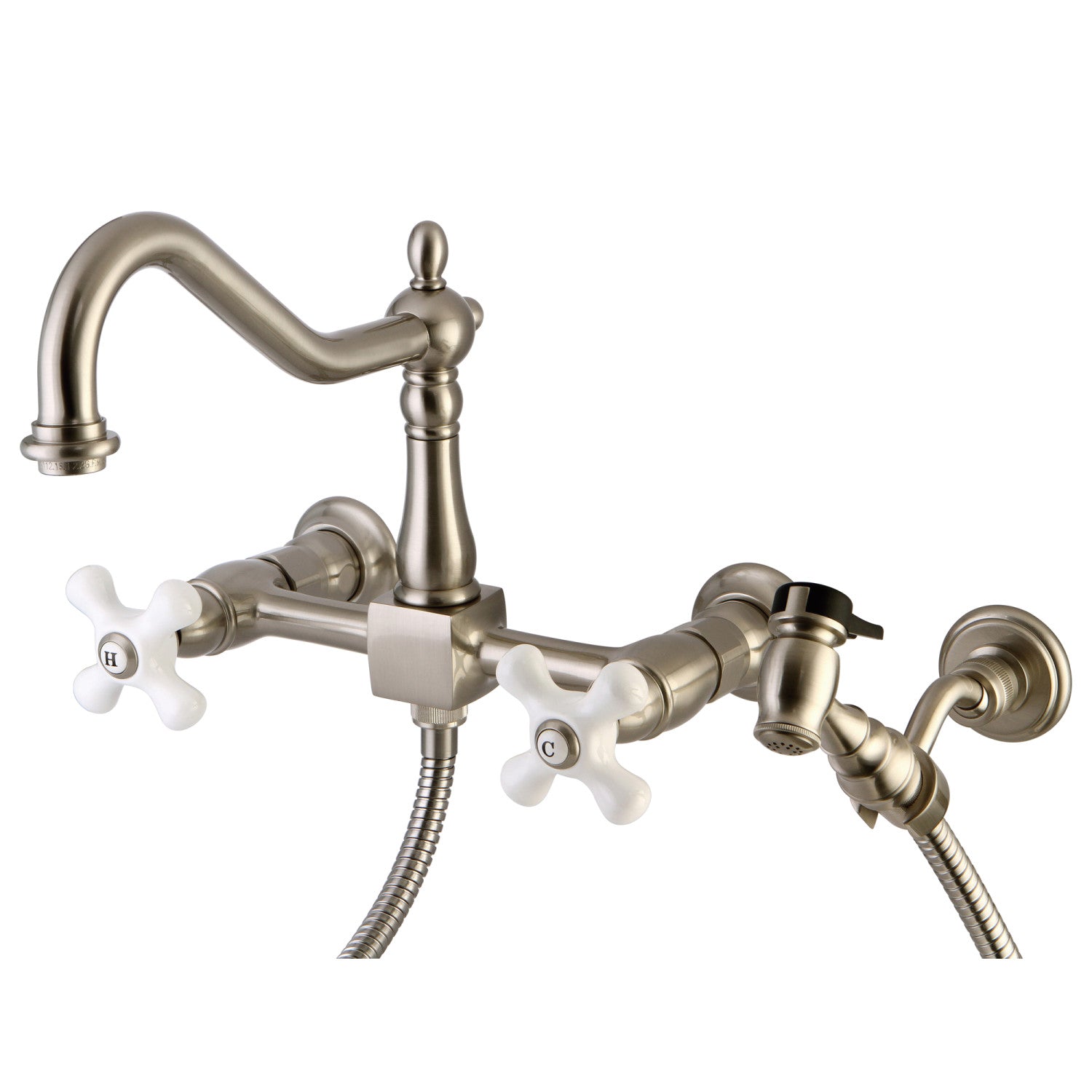 Kingston Heirloom KS1248PXBS - Heritage Two-Handle 3-Hole Wall Mount Bridge Kitchen Faucet with Brass Sprayer, Brushed Nickel