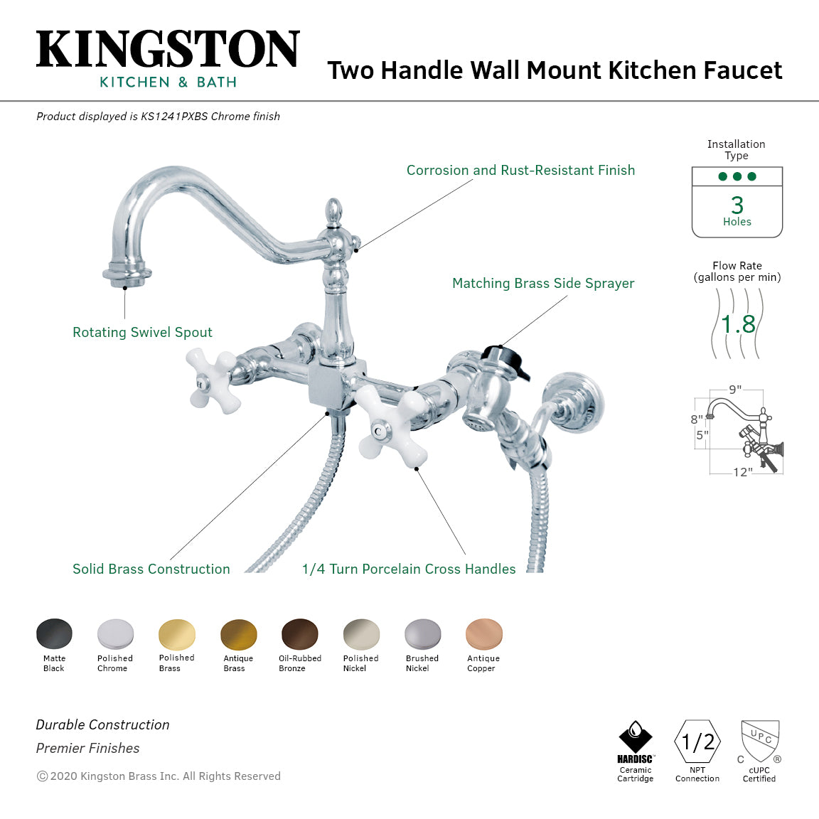 Kingston Heirloom KS1248PXBS - Heritage Two-Handle 3-Hole Wall Mount Bridge Kitchen Faucet with Brass Sprayer, Brushed Nickel — thumbnail 2