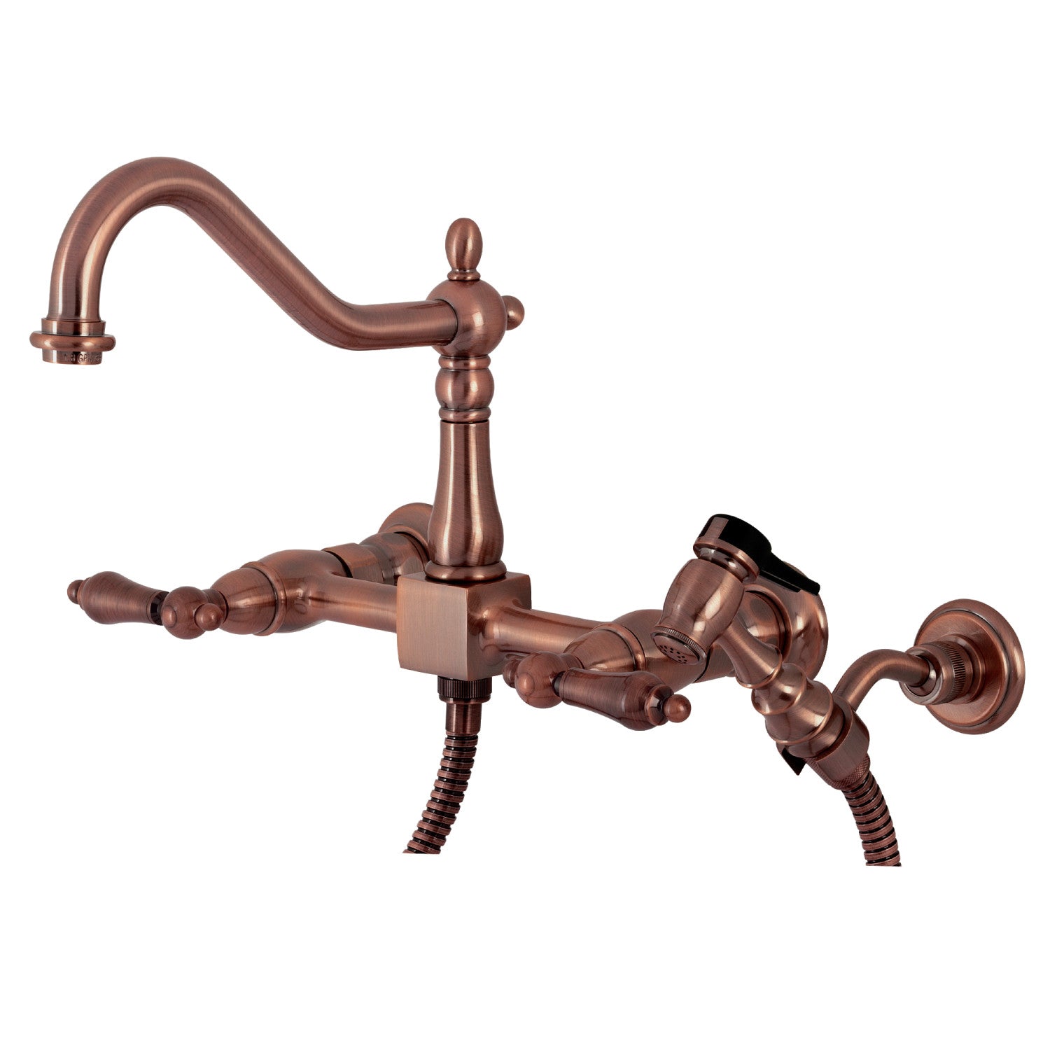 Kingston Heirloom KS124ALBSAC - Heritage Two-Handle 3-Hole Wall Mount Bridge Kitchen Faucet with Brass Sprayer, Antique Copper