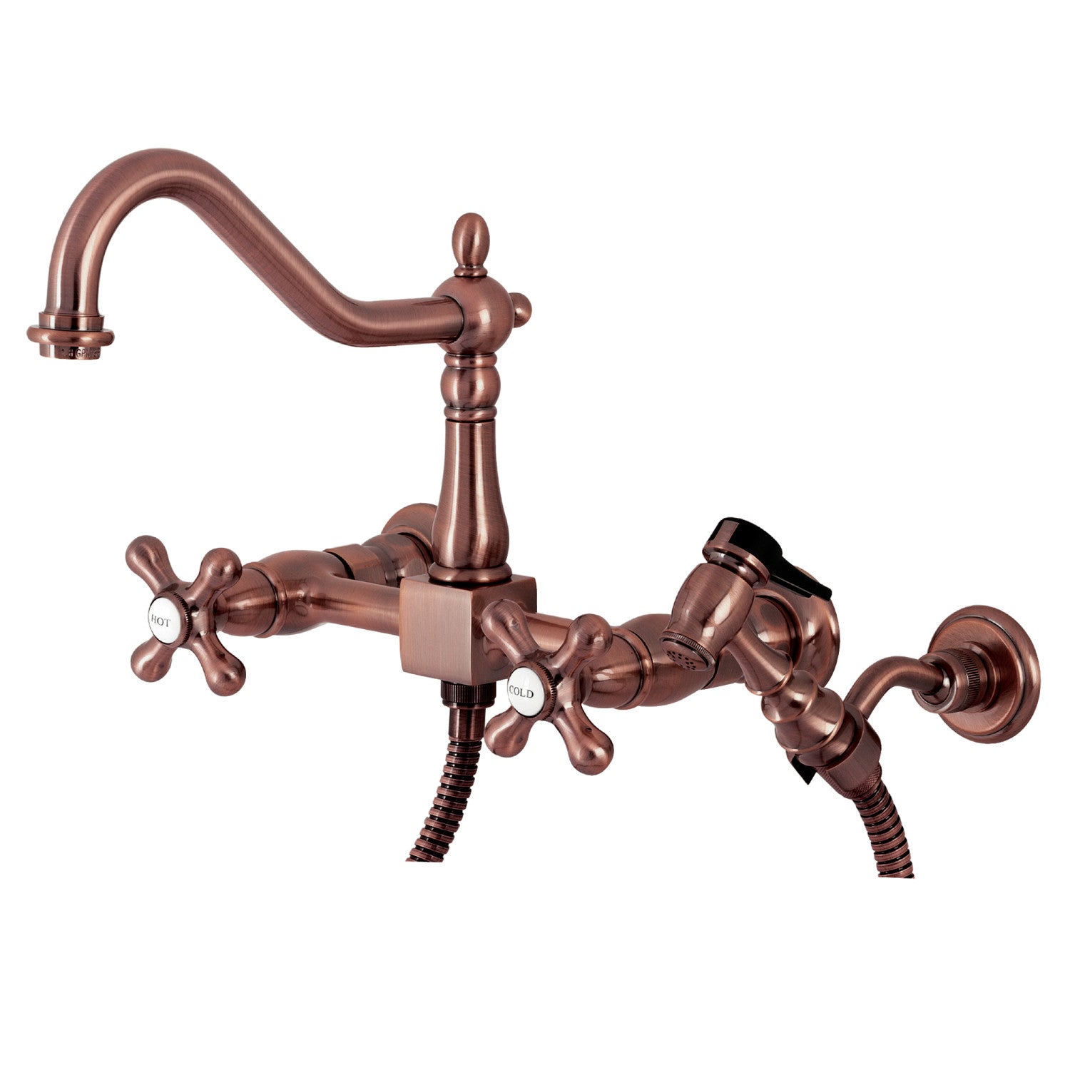 Kingston Heirloom KS124AXBSAC - Heritage Two-Handle 3-Hole Wall Mount Bridge Kitchen Faucet with Brass Sprayer, Antique Copper