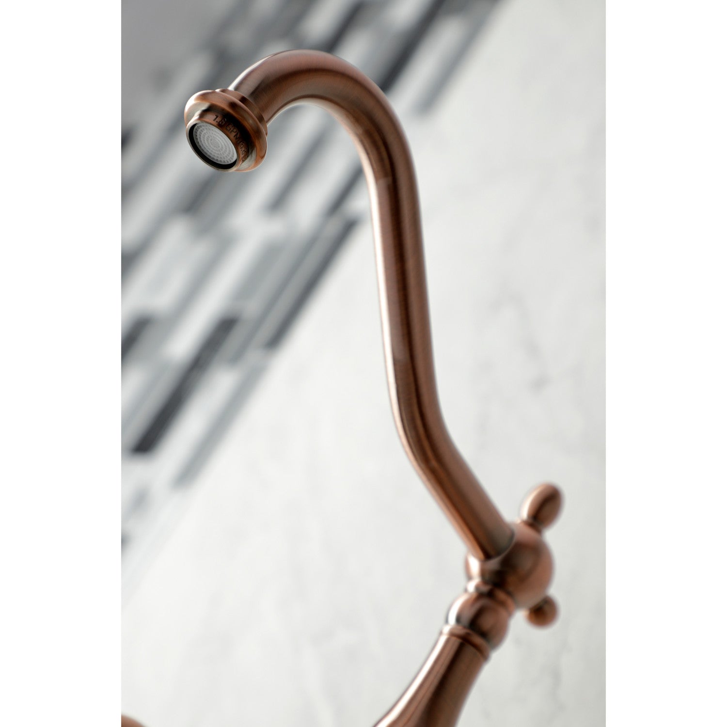 Kingston Heirloom KS124PLBSAC - Heritage Two-Handle 3-Hole Wall Mount Bridge Kitchen Faucet with Brass Sprayer, Antique Copper — thumbnail 2