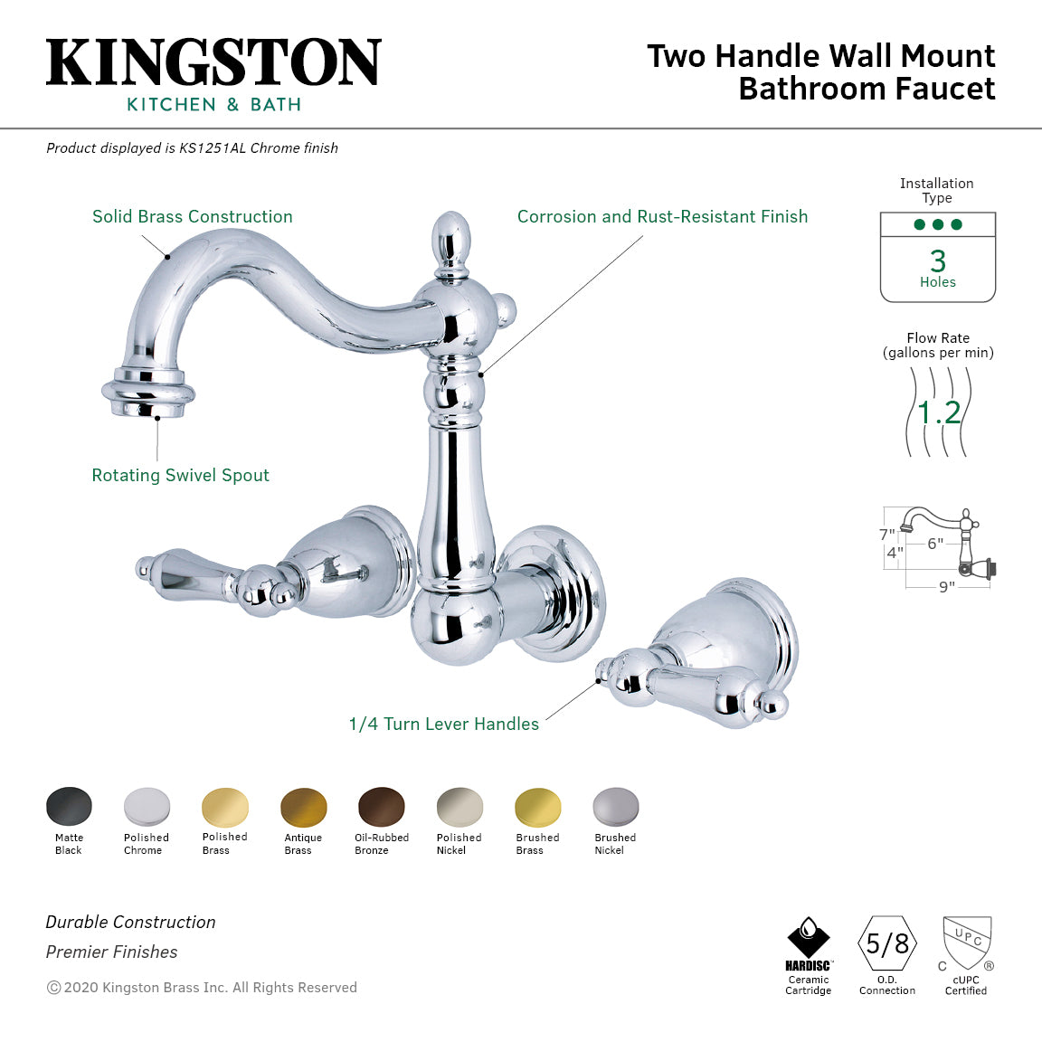 Kingston Heirloom KS1250AL - Heritage Double-Handle 3-Hole Wall Mount Bathroom Faucet, Matte Black — thumbnail 2