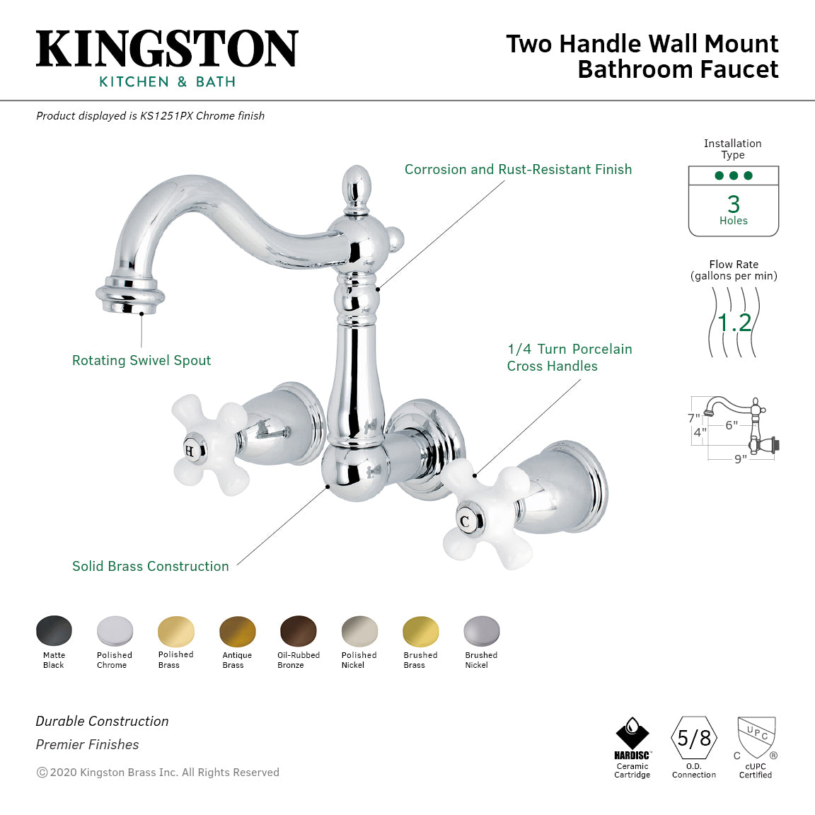 Kingston Heirloom KS1251PX - Heritage Double-Handle 3-Hole Wall Mount Bathroom Faucet, Polished Chrome — thumbnail 2