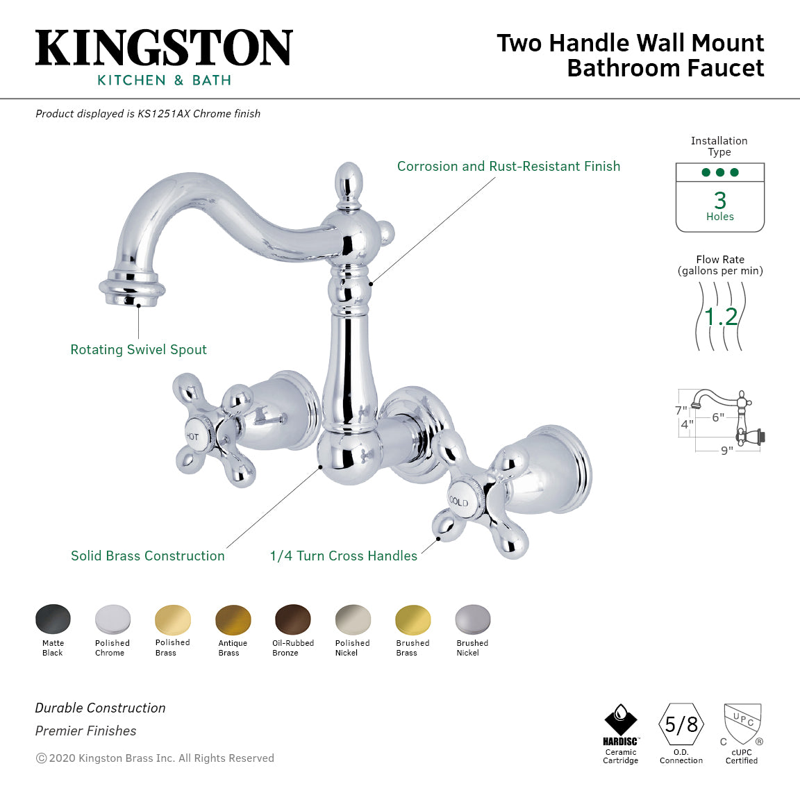 Kingston Heirloom KS1252AX - Heritage Double-Handle 3-Hole Wall Mount Bathroom Faucet, Polished Brass — thumbnail 2
