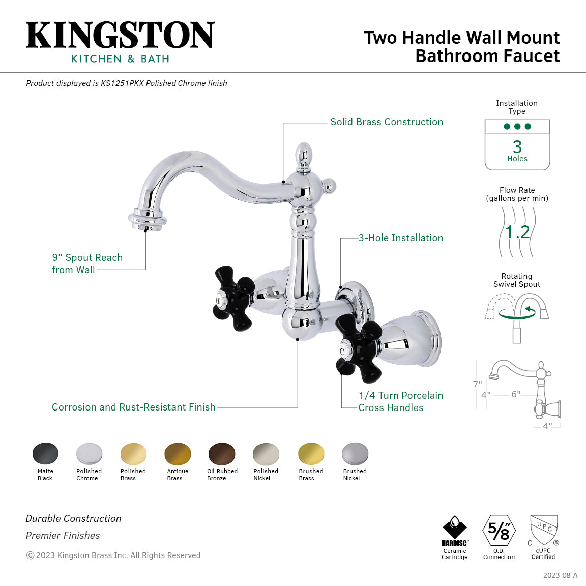 Kingston Heirloom KS1252PKX - Duchess Double-Handle 3-Hole Wall Mount Bathroom Faucet, Polished Brass — thumbnail 2