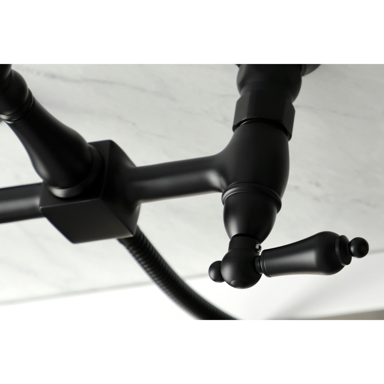 Kingston Heirloom KS1260ALBS - Heritage Two-Handle 3-Hole Wall Mount Bridge Kitchen Faucet with Brass Sprayer, Matte Black — thumbnail 2