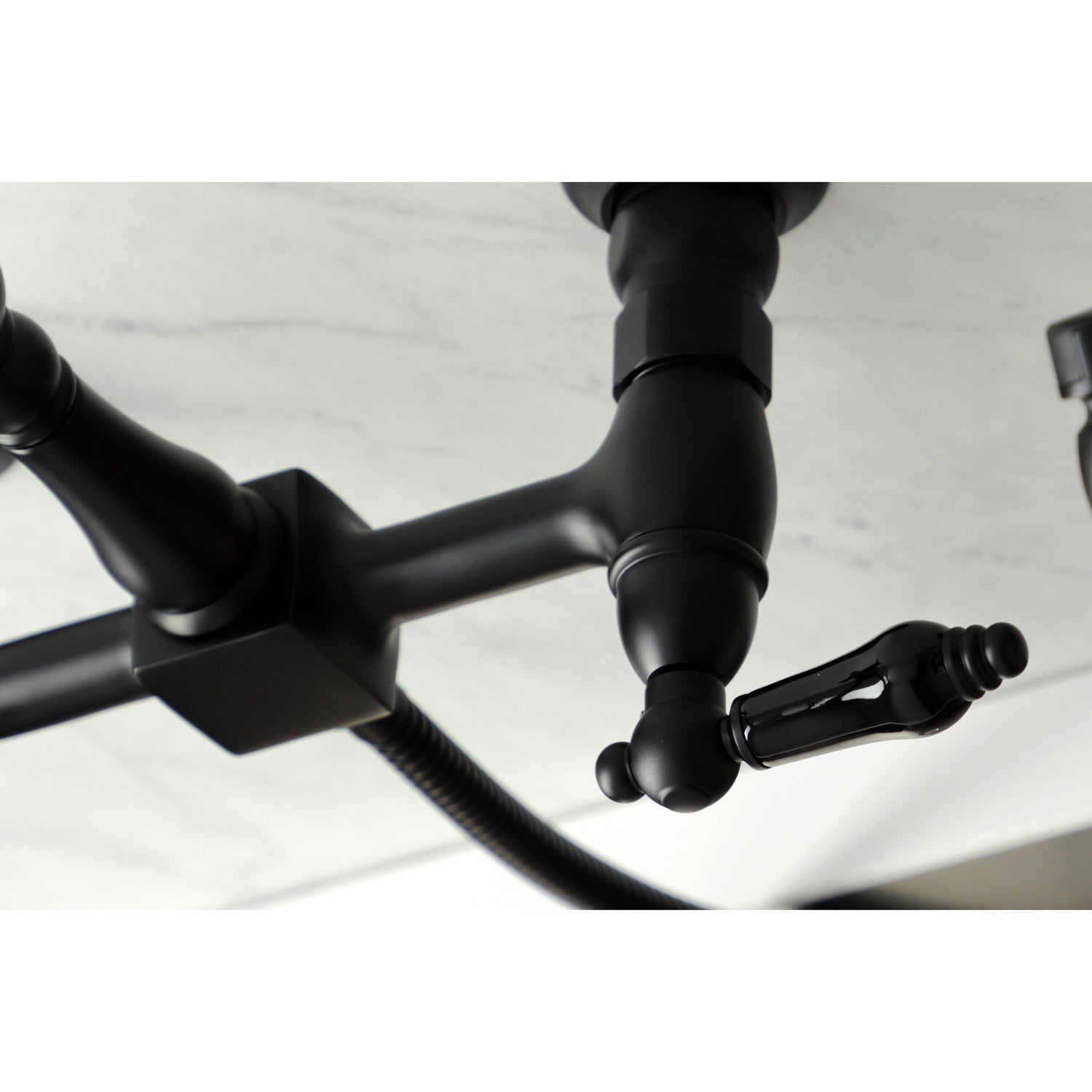 Kingston Heirloom KS1260PKLBS - Duchess Two-Handle 3-Hole Wall Mount Bridge Kitchen Faucet with Brass Sprayer, Matte Black — thumbnail 2