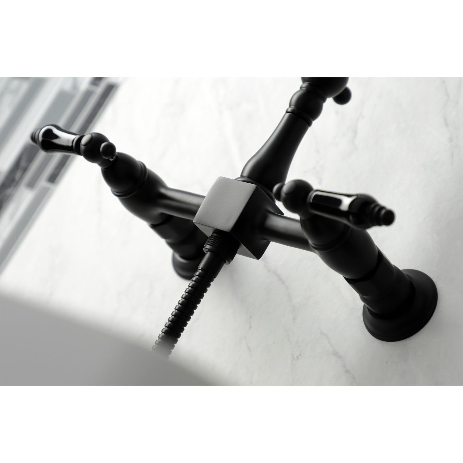 Kingston Heirloom KS1260PKLBS - Duchess Two-Handle 3-Hole Wall Mount Bridge Kitchen Faucet with Brass Sprayer, Matte Black — thumbnail 3