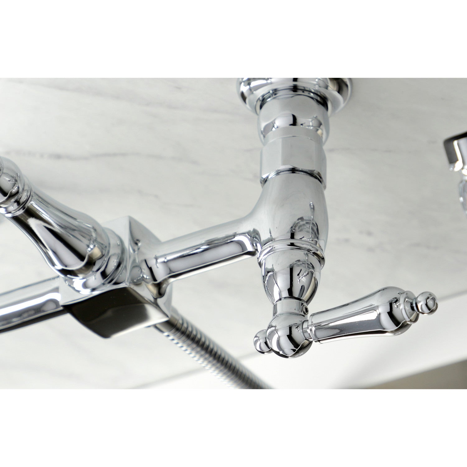 Kingston Heirloom KS1261ALBS - Heritage Two-Handle 3-Hole Wall Mount Bridge Kitchen Faucet with Brass Sprayer, Polished Chrome — thumbnail 3