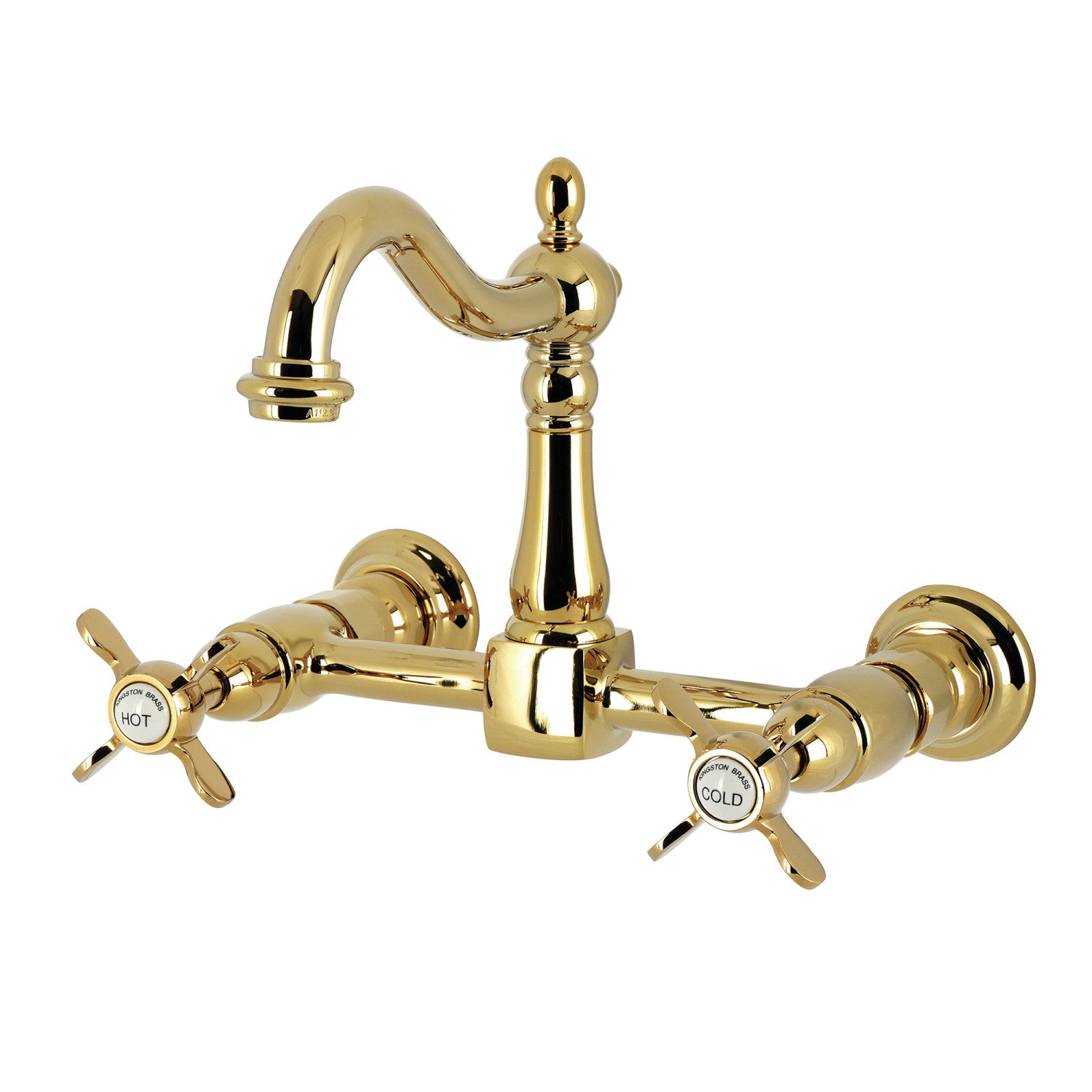Kingston Heirloom KS1262BEX - Essex Two-Handle 2-Hole Wall Mount Bridge Kitchen Faucet, Polished Brass